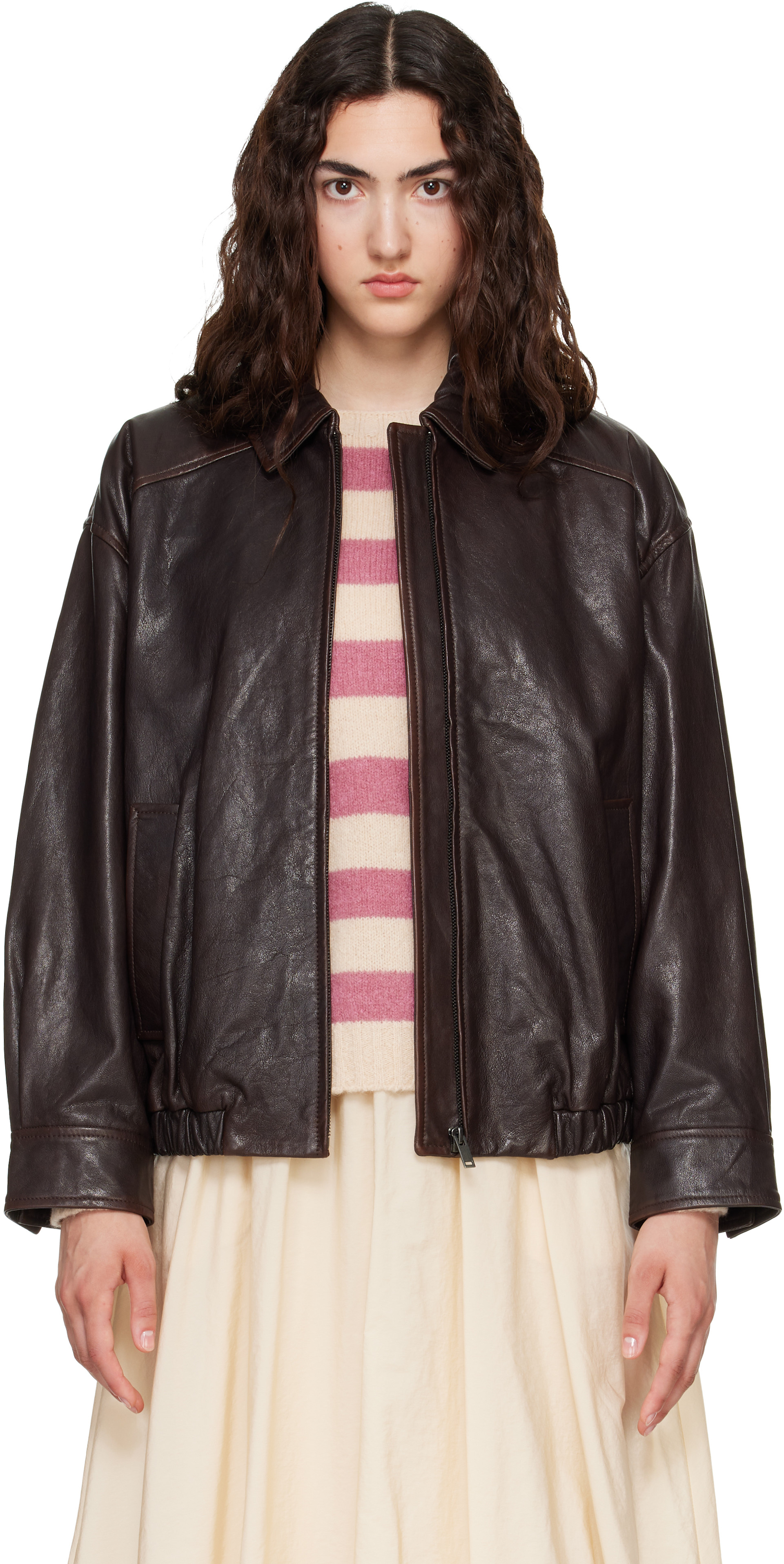 Weekend Max Mara: Brown Cose Leather Bomber Jacket | SSENSE