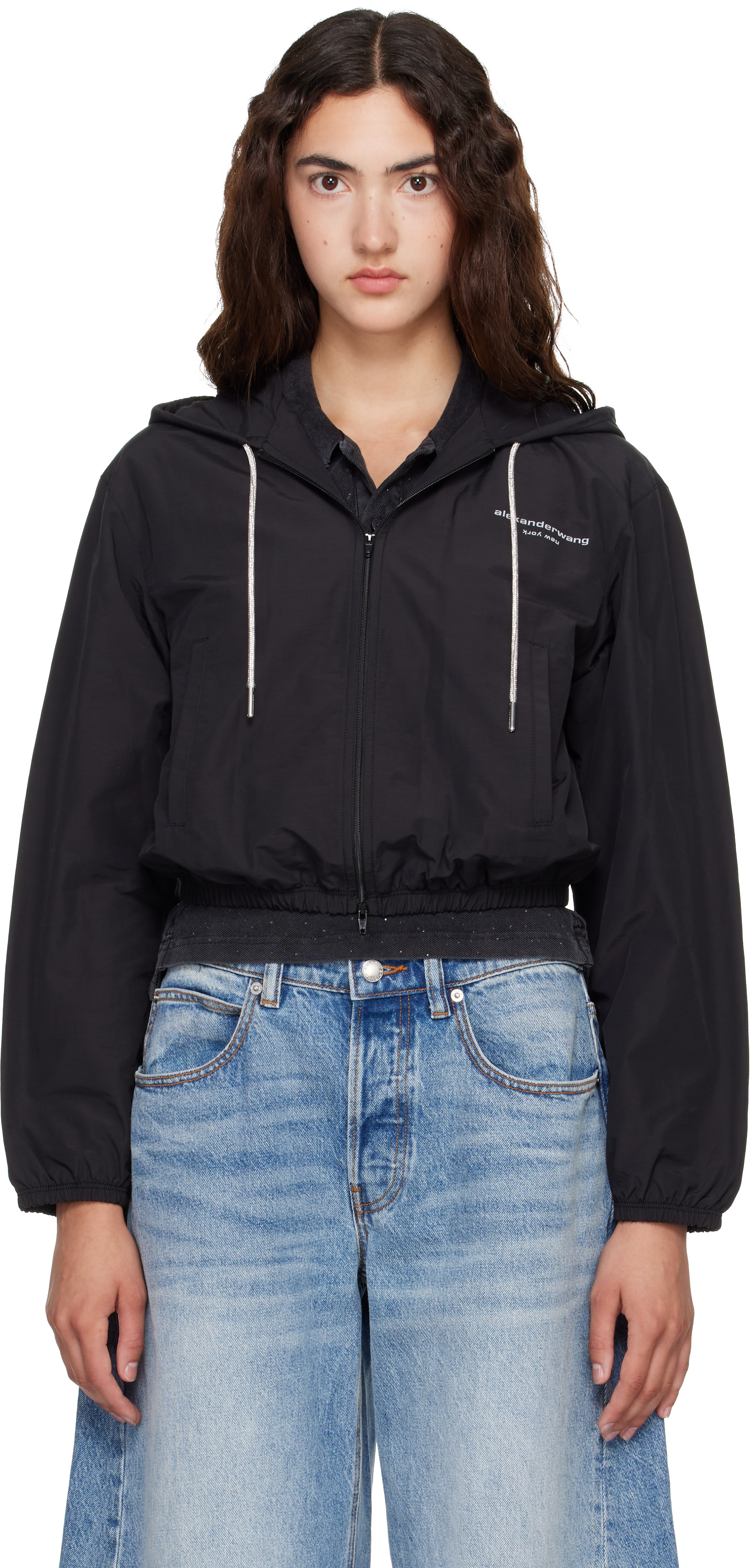 マウンテンパーカー Alexander Wang Alexander Wang: Black Crystal Hotfix Drawcord Cropped Zip-Up