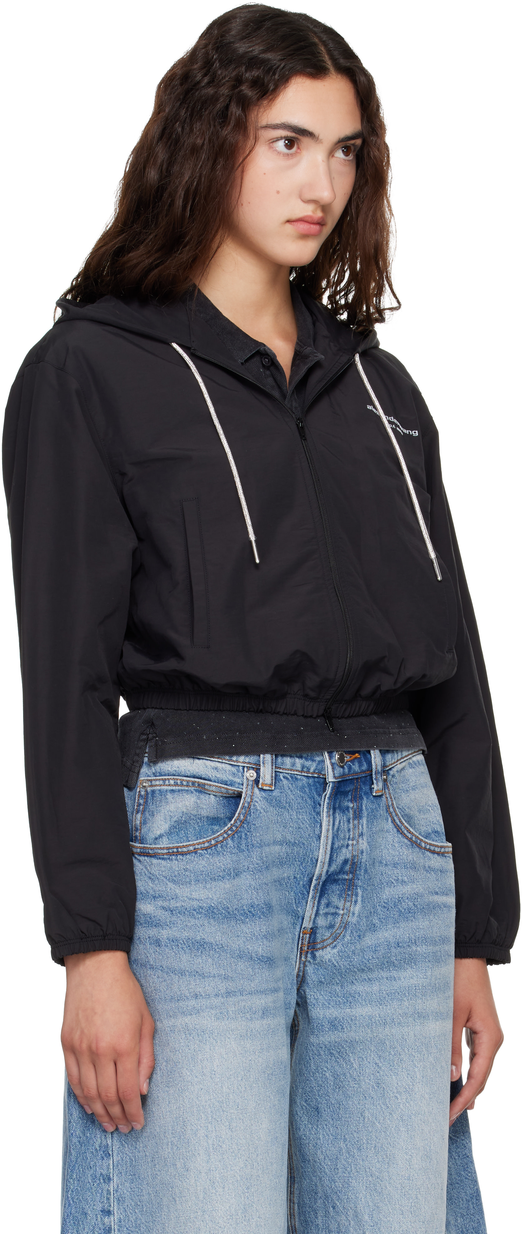 Alexander Wang: Black Crystal Hotfix Drawcord Cropped Zip-Up
