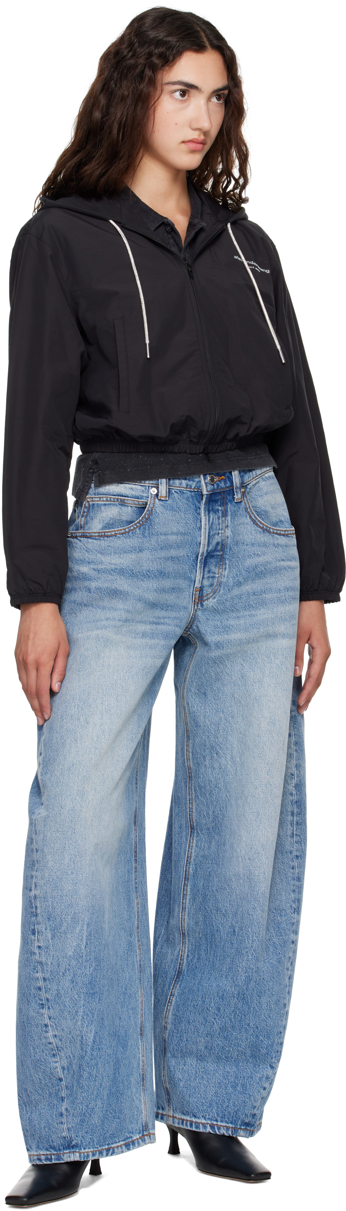 Alexander Wang: Black Crystal Hotfix Drawcord Cropped Zip-Up