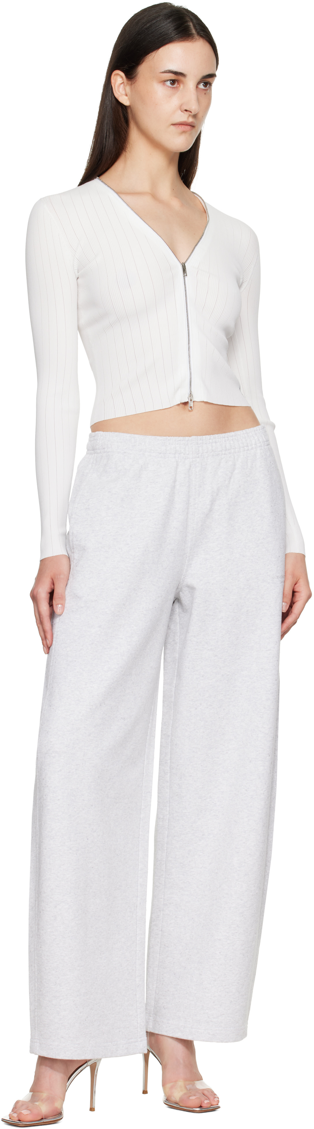 Alexander Wang: White V-Neck Long Sleeve Pointelle Zip Cardigan