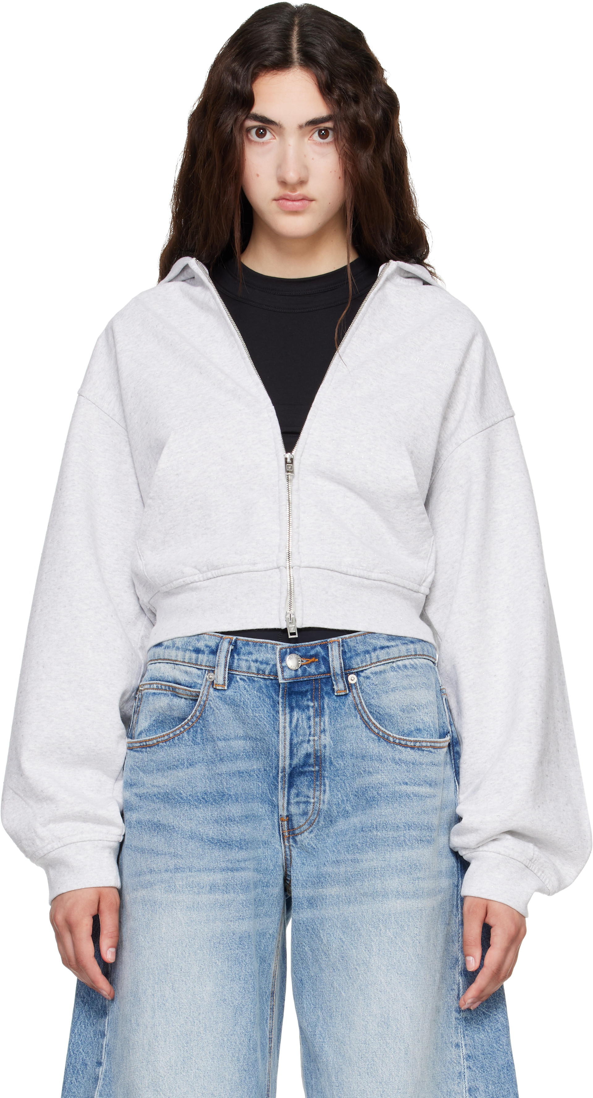 Alexander Wang - Pull à capuche ajusté gris à cristaux et à glissière