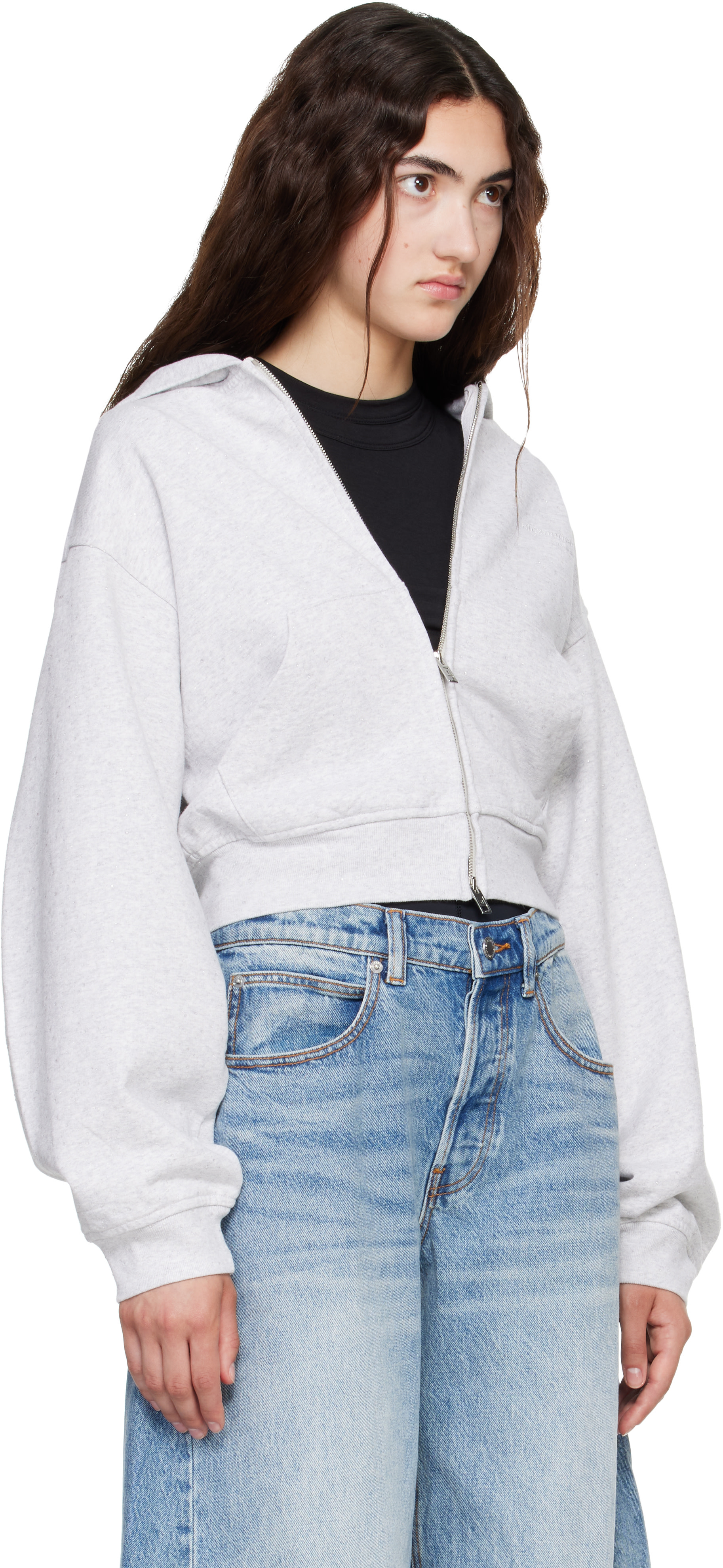 Alexander Wang - Pull à capuche ajusté gris à cristaux et à glissière