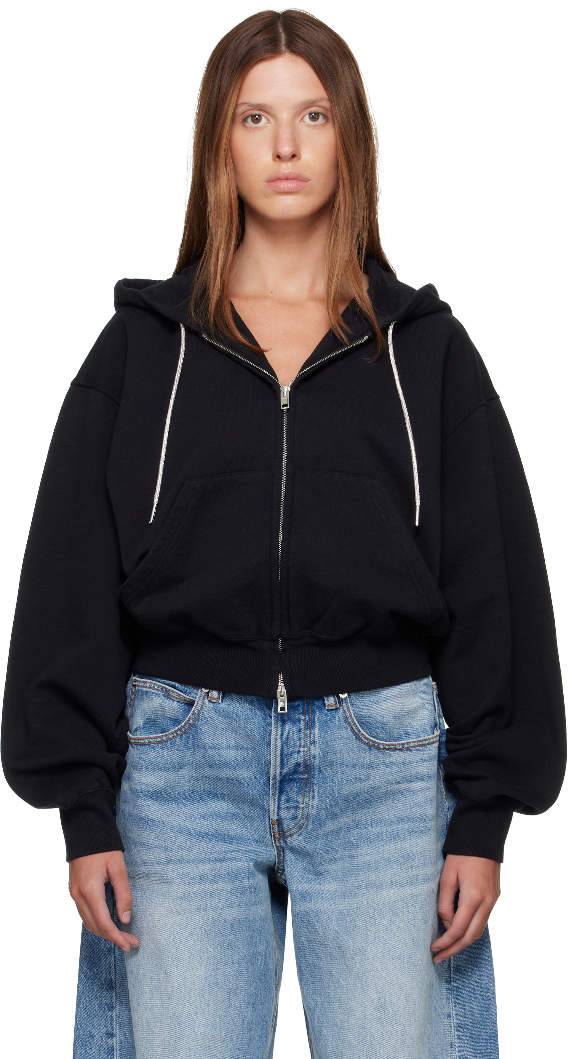 Alexander Wang: Black Rhinestone Drawcord Zip-Up Hoodie | SSENSE