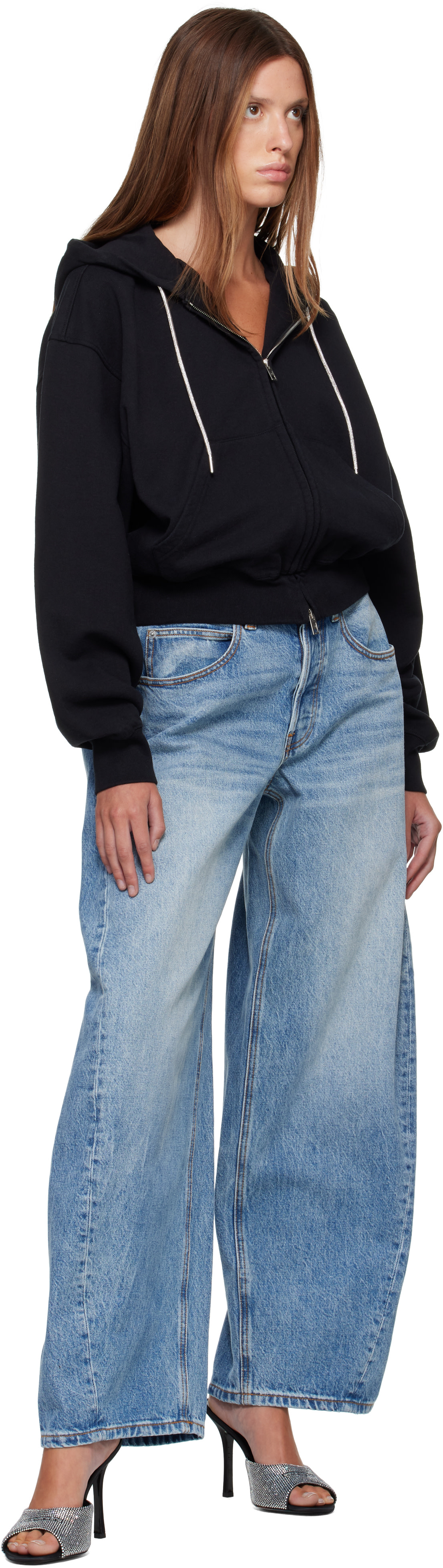 Alexander Wang: Black Rhinestone Drawcord Zip-Up Hoodie | SSENSE