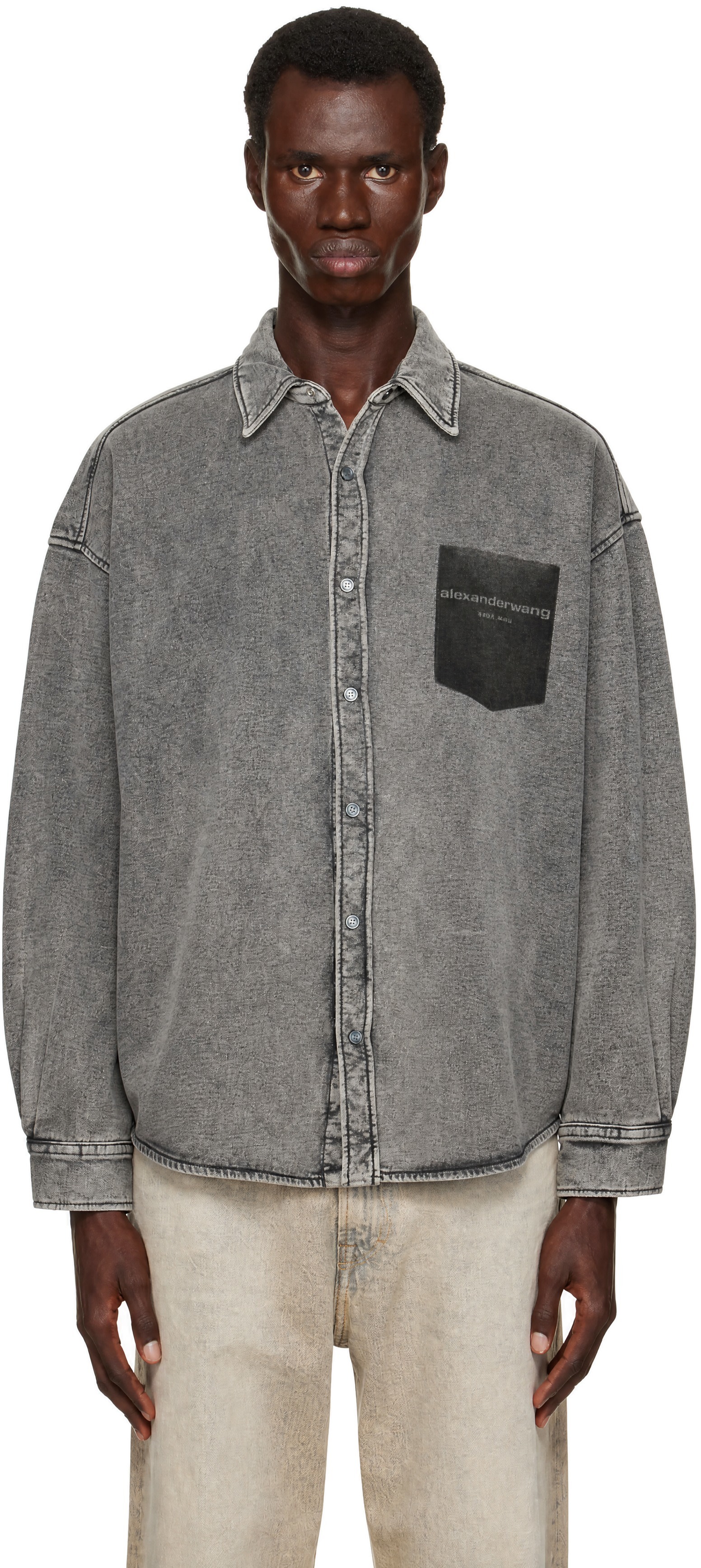 Alexander Wang - Gray Button Down Shadow Pocket Graphic Shirt