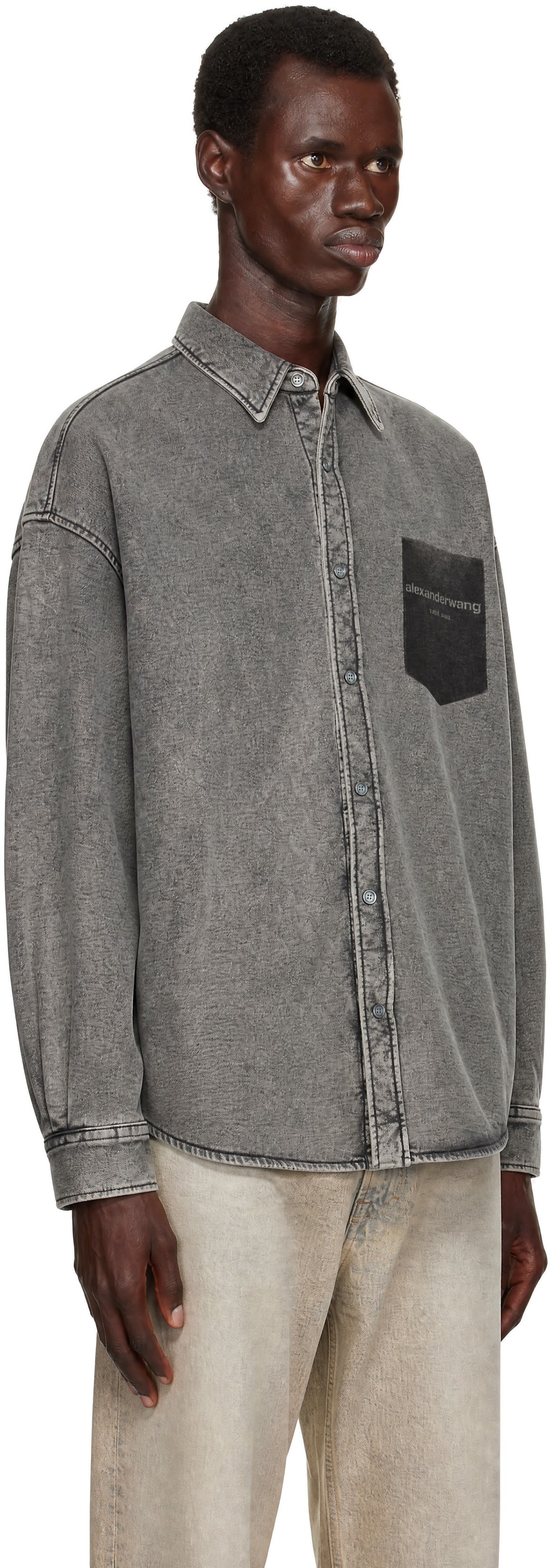 Alexander Wang - Gray Button Down Shadow Pocket Graphic Shirt