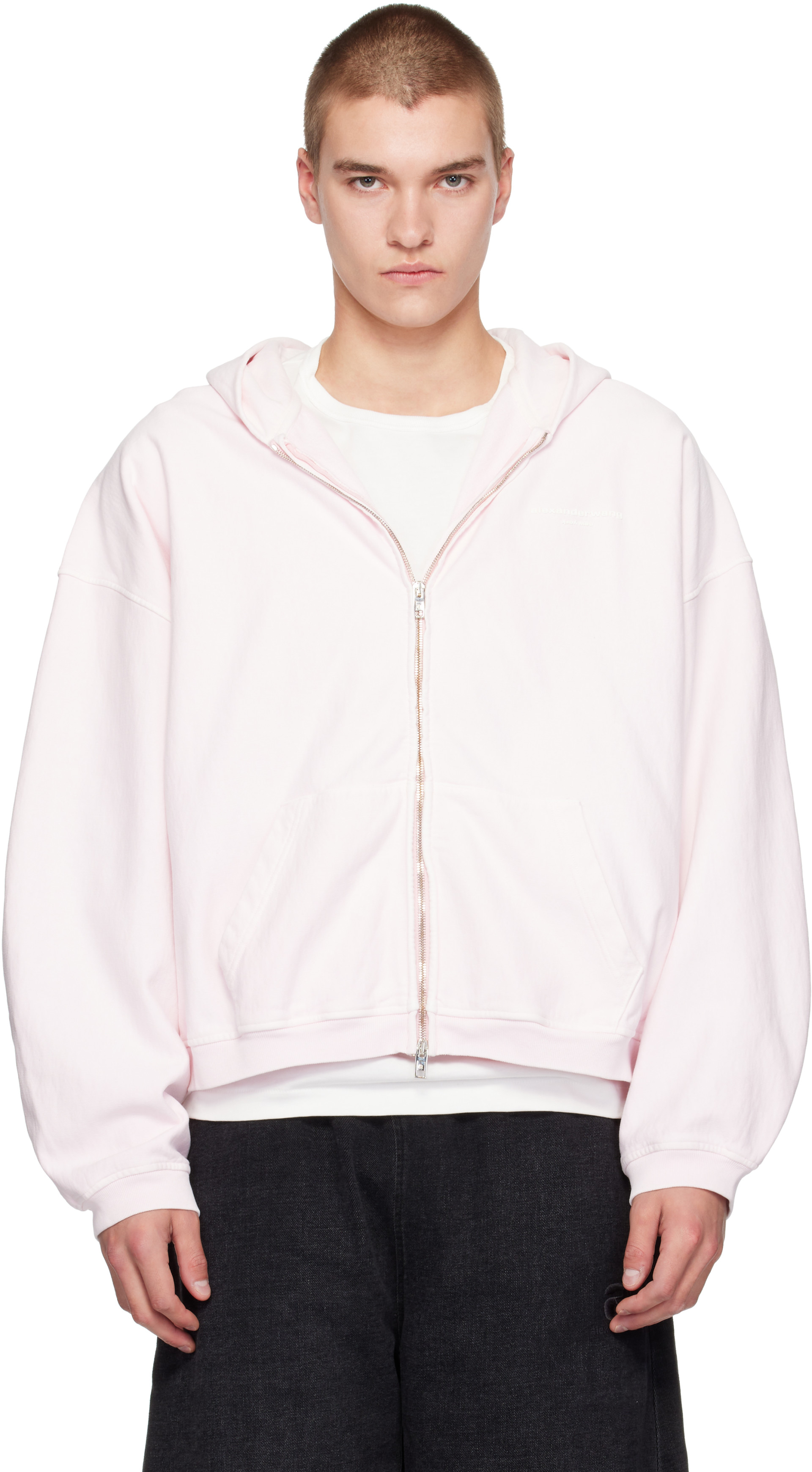 Alexander Wang: Pink Logo Print Oversized Zip-Up Hoodie | SSENSE
