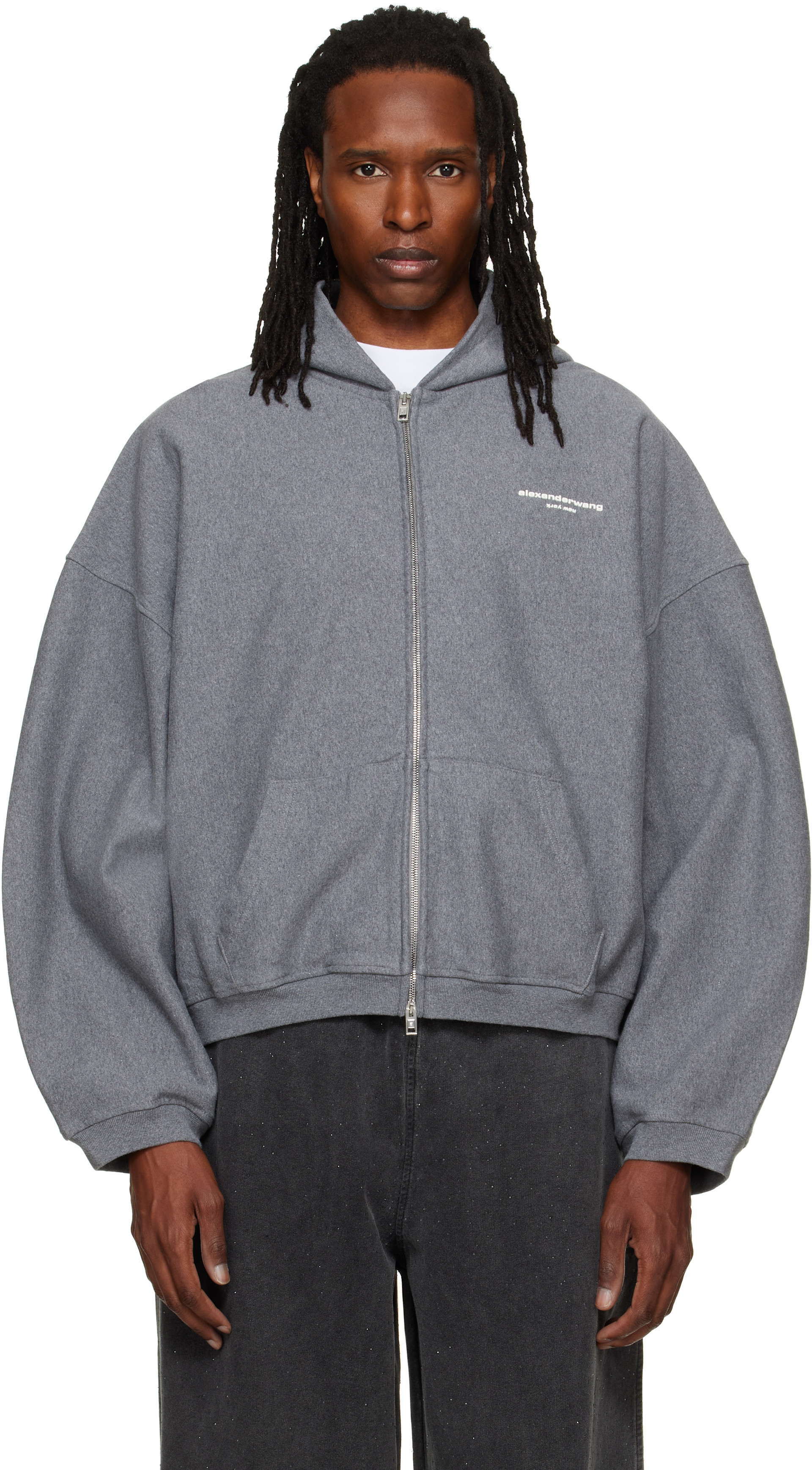 Alexander Wang: Gray Logo Print Oversized Zip Up Hoodie | SSENSE Japan