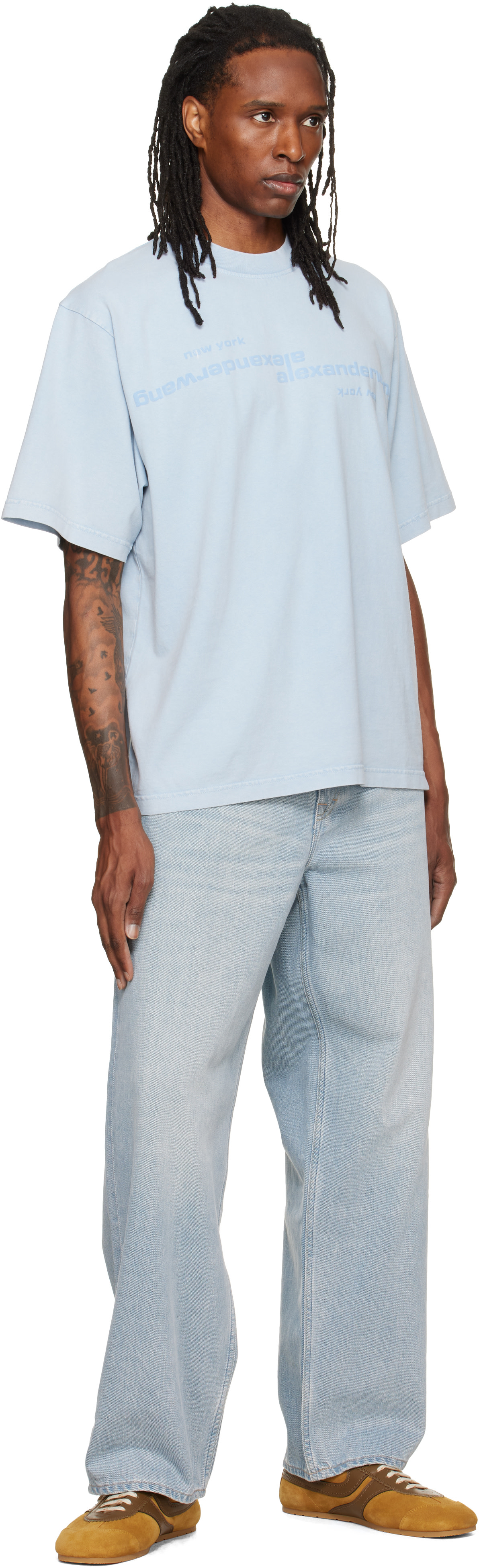Alexander Wang: Blue Mirrored Logo Short Sleeve T-shirt | SSENSE