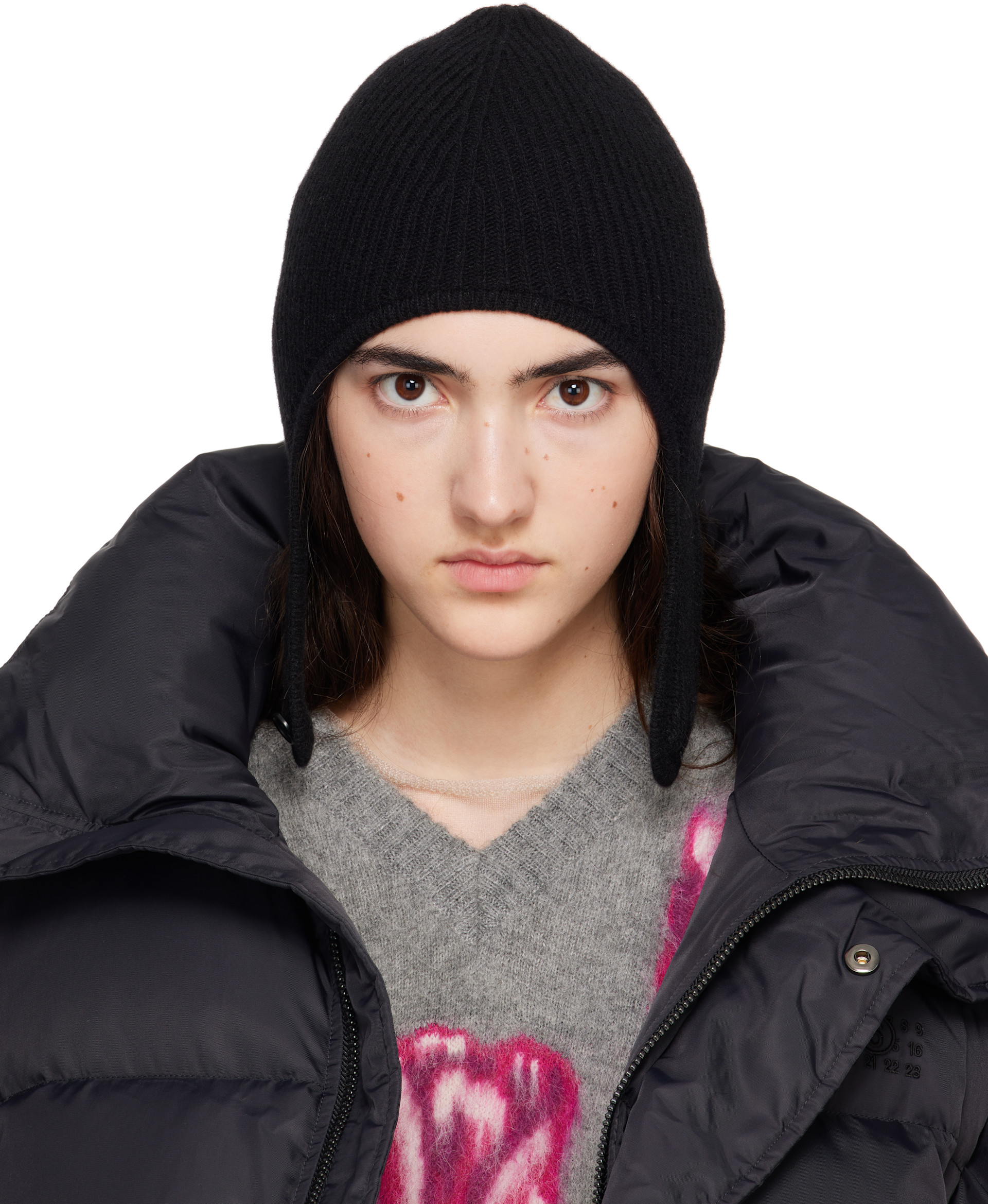 MM6 Maison Margiela ビーニー MM6 Maison Margiela: Black Ribbed Aviator Beanie | SSENSE Canada