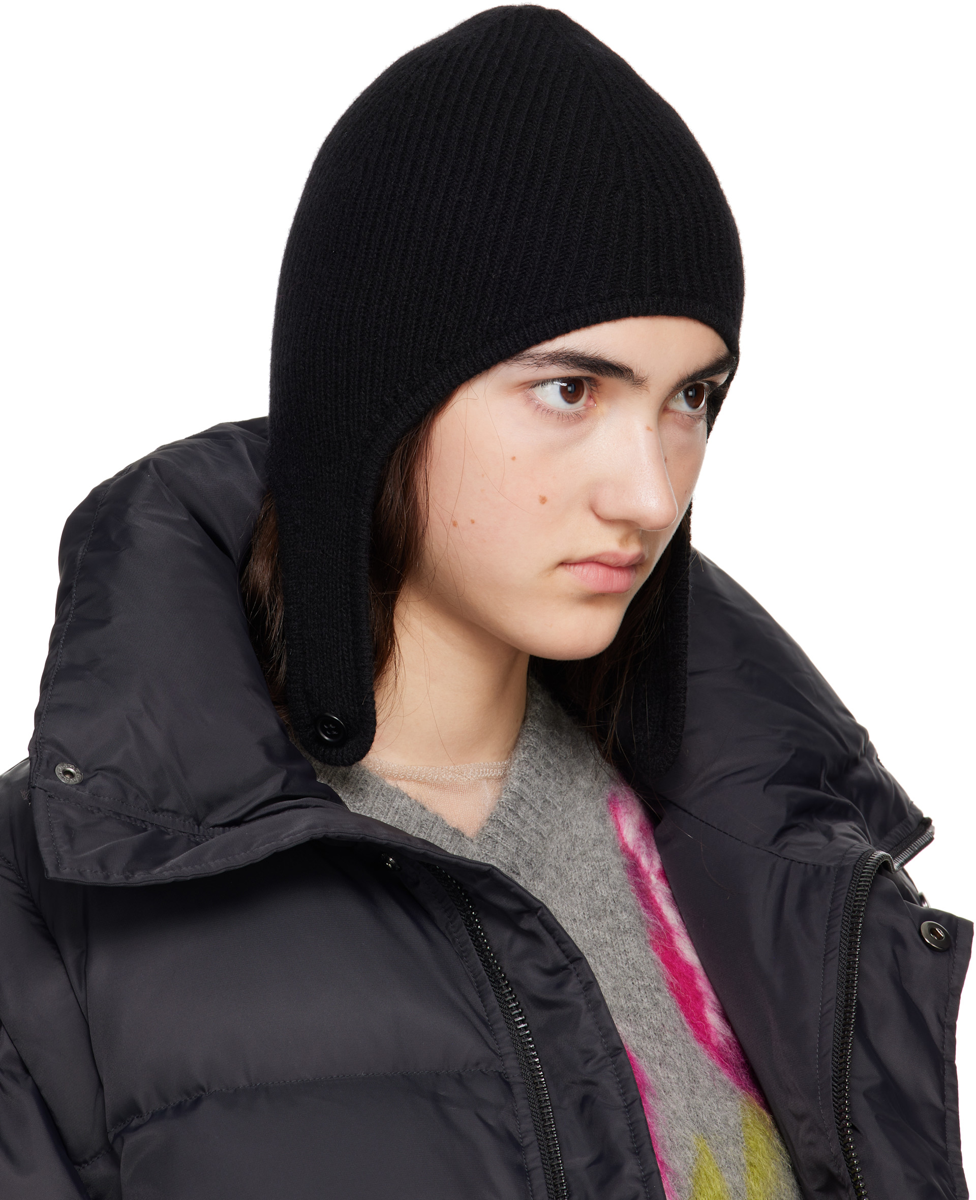 MM6 Maison Margiela: Black Ribbed Aviator Beanie | SSENSE