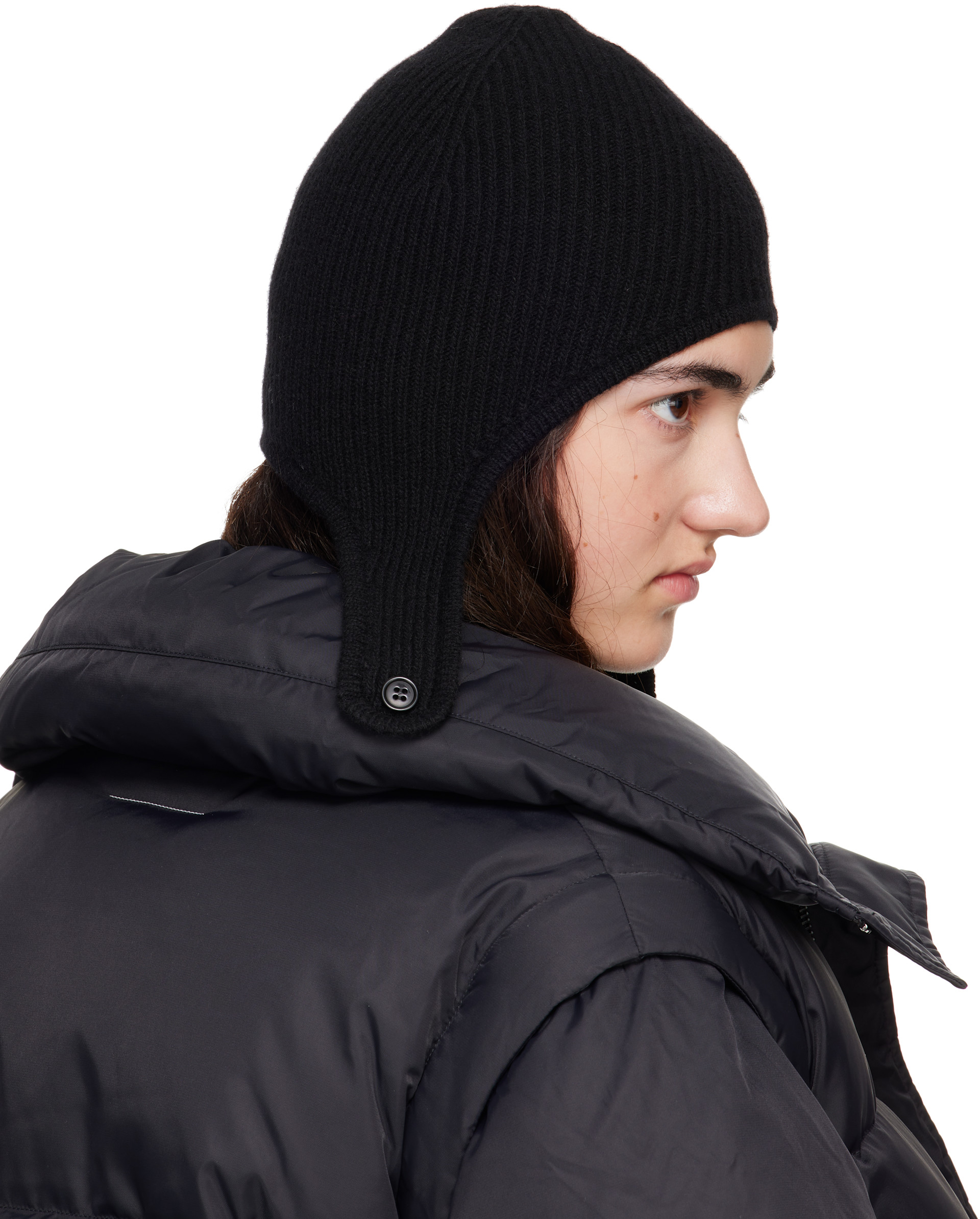 MM6 Maison Margiela: Black Ribbed Aviator Beanie | SSENSE Canada