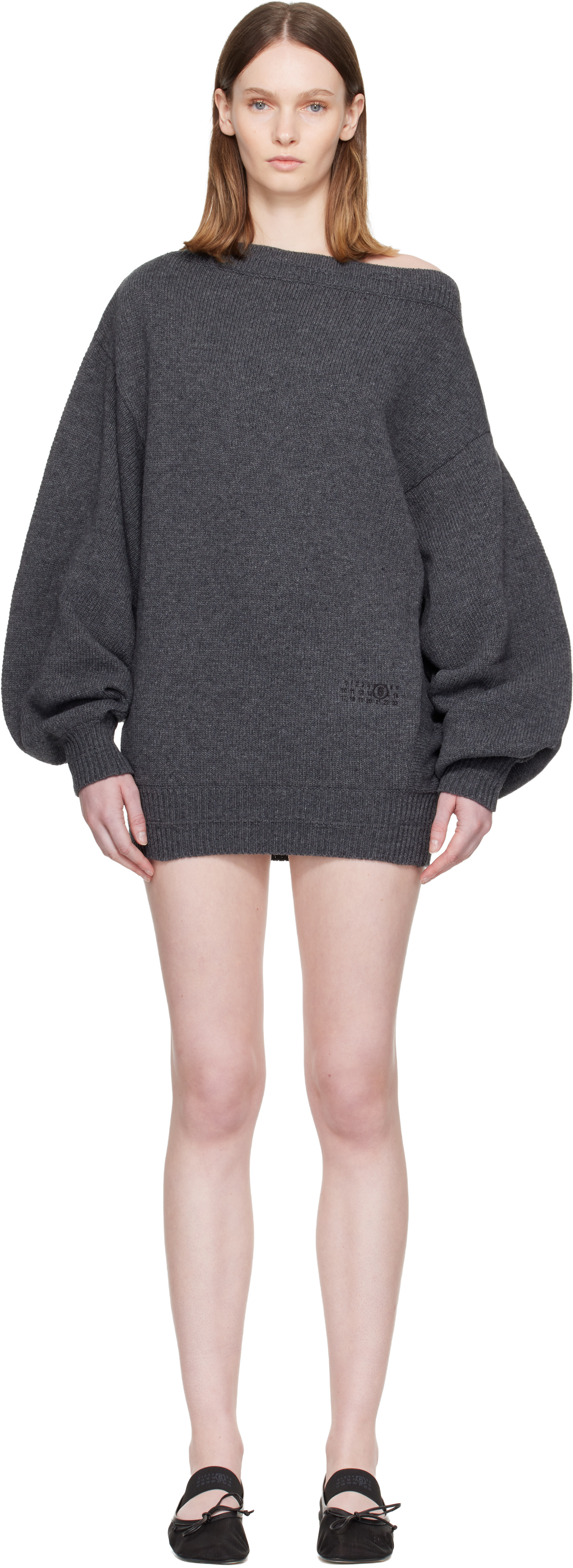 MM6 Maison Margiela: Gray Off-shoulder Knit Minidress | SSENSE