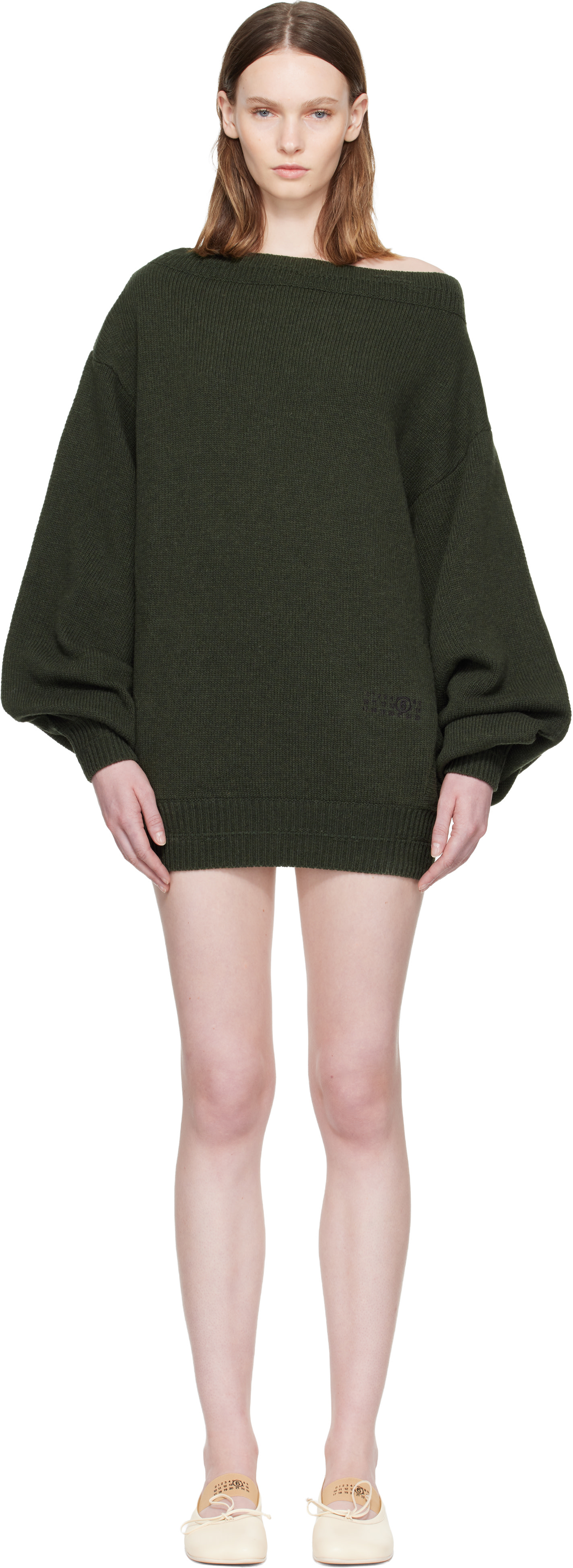 MM6 Maison Margiela: Khaki Off-Shoulder Knit Minidress | SSENSE Canada