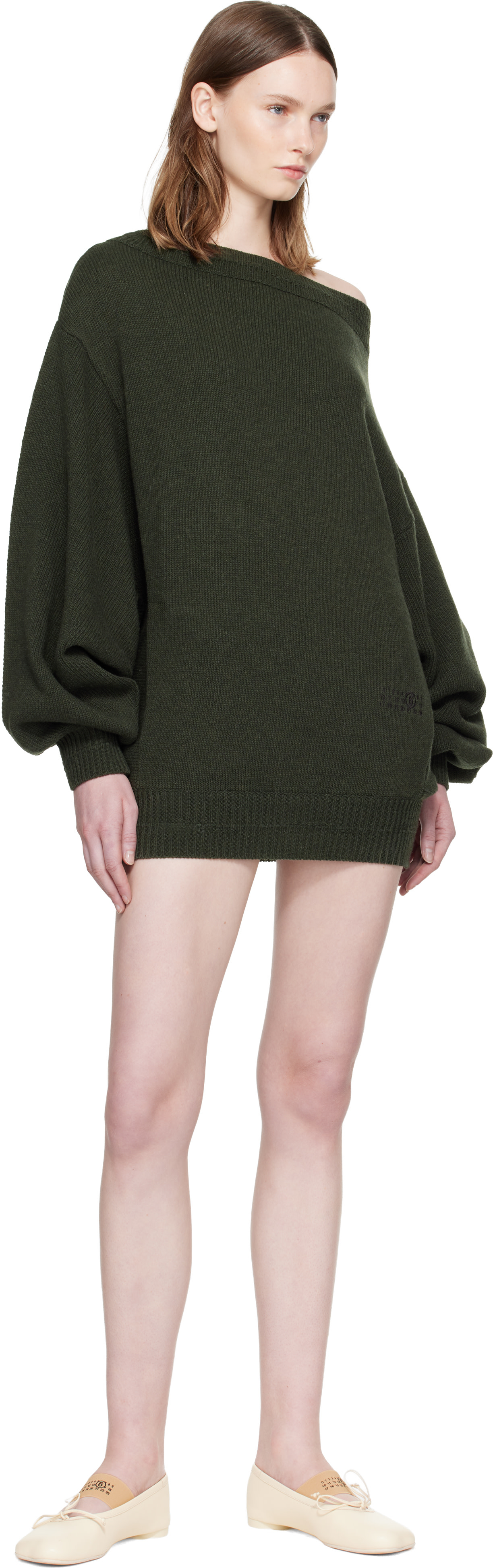 MM6 Maison Margiela: カーキ オフショルダー ニット ミニワンピース