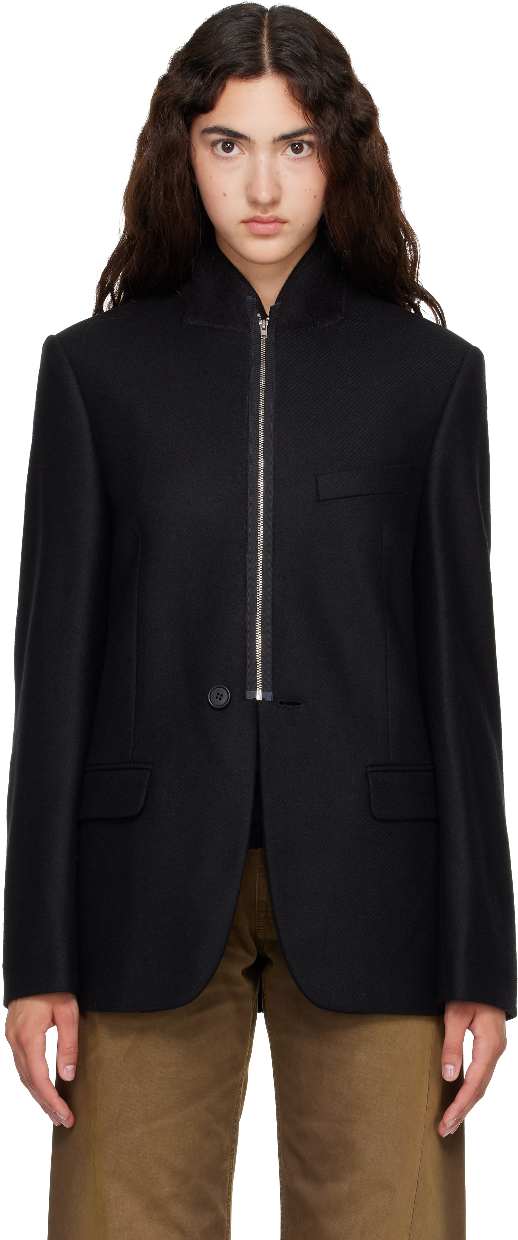MM6 Maison Margiela 美品 23AW テーラードジャケット MM6 Maison Margiela: ブラック フランネル ジップフロント スーツ