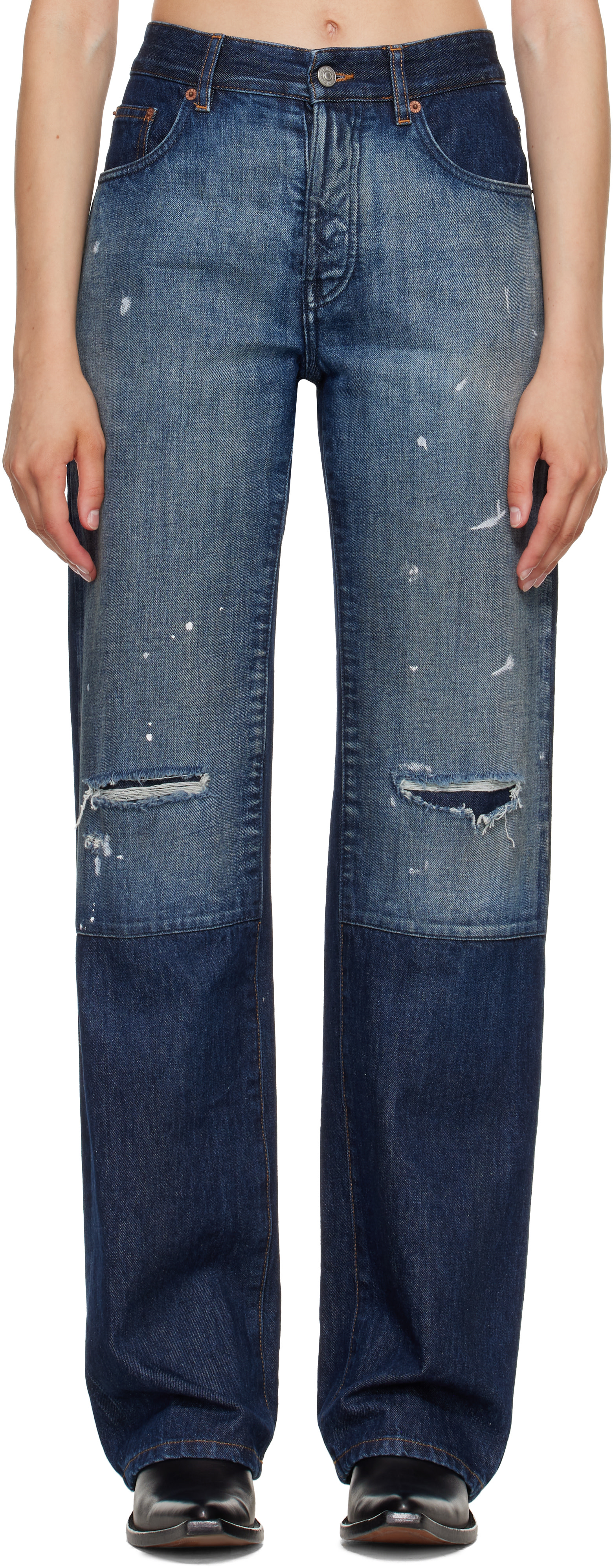 MM6 Maison Margiela: ブルー ディストレス パネル デニム ジーンズ 