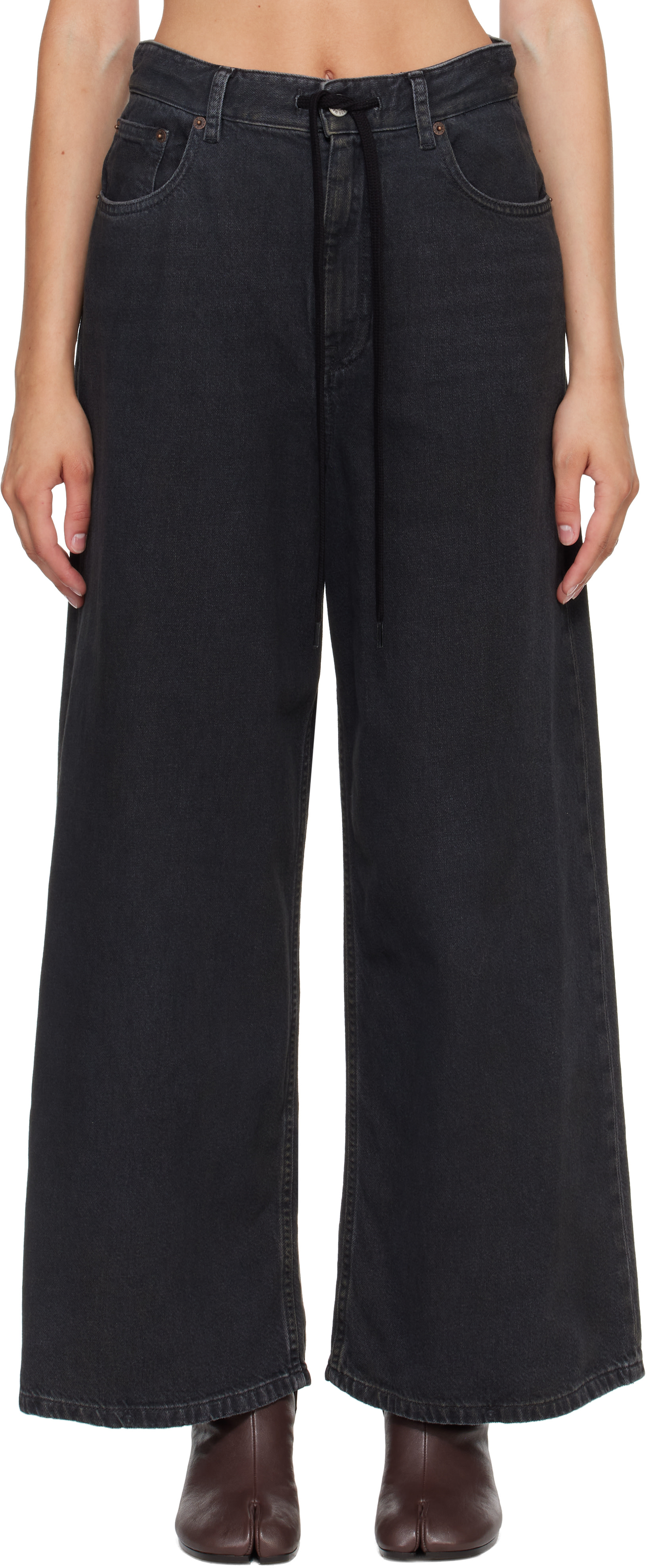 mm6 デニム ブラック MM6 Maison Margiela: Black Drawstring Jeans | SSENSE