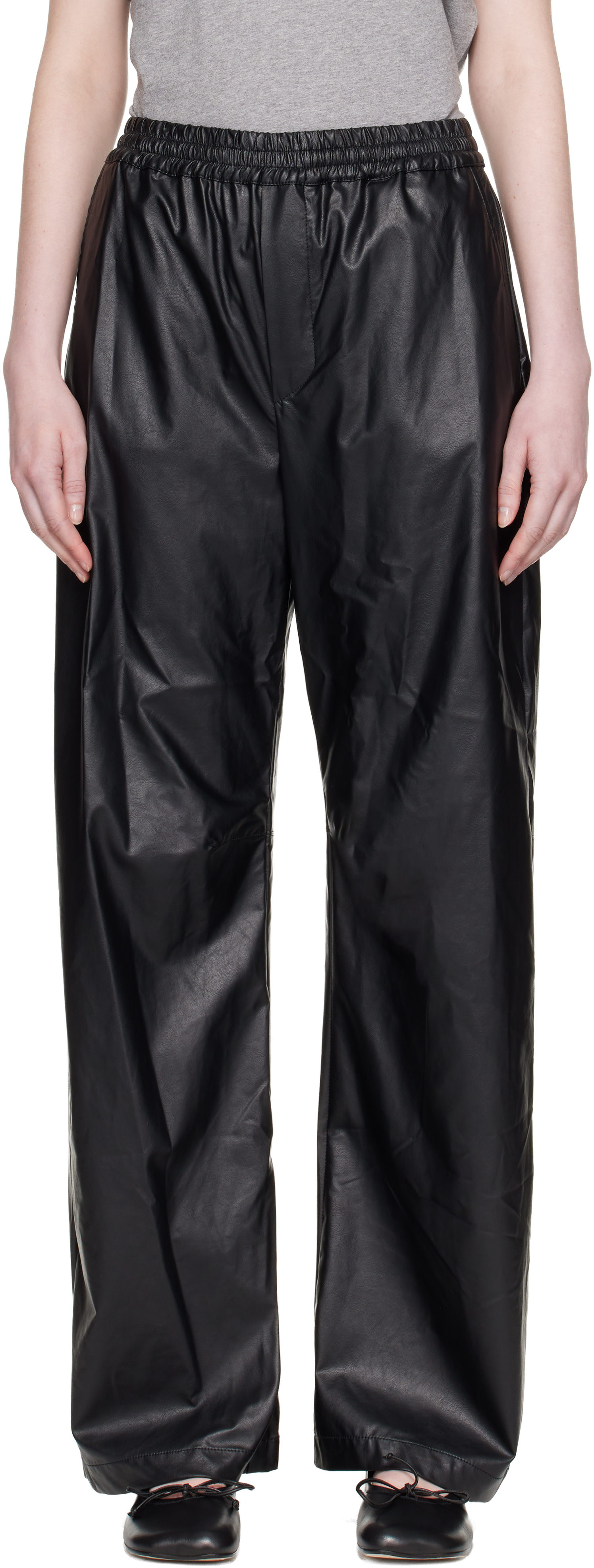 MM6 Maison Margiela: ブラック Light ワイドレッグ フェイクレザー