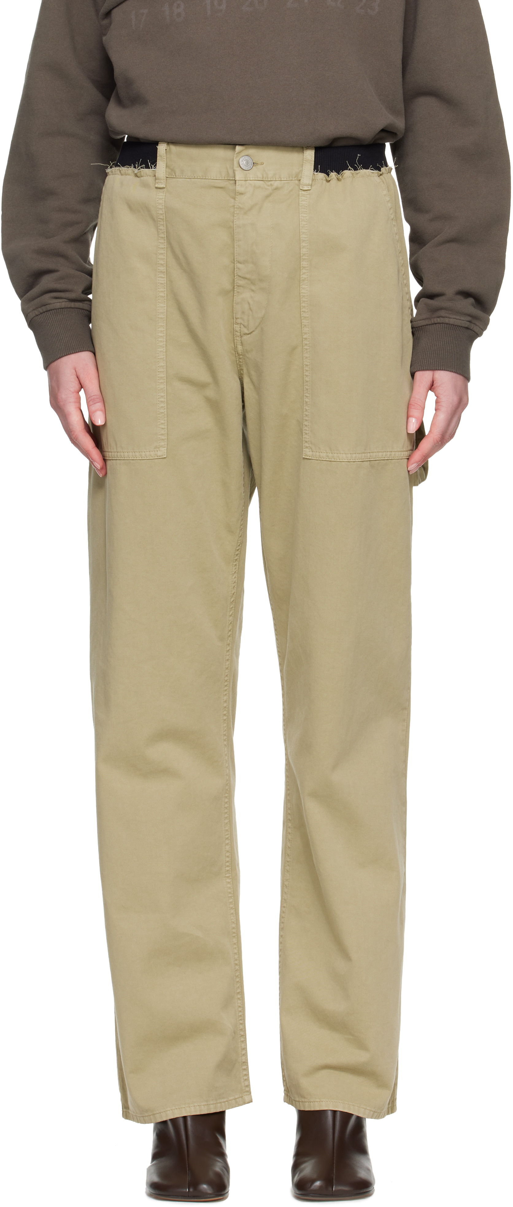 MM6 Maison Margiela: Beige Rib-Knit Waist Trousers | SSENSE