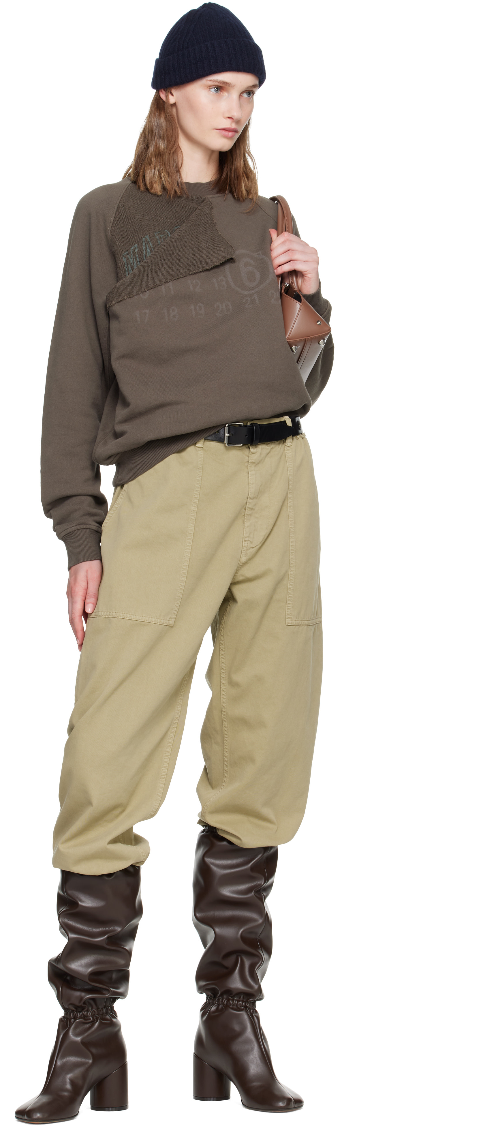 MM6 Maison Margiela: Beige Rib-Knit Waist Trousers | SSENSE