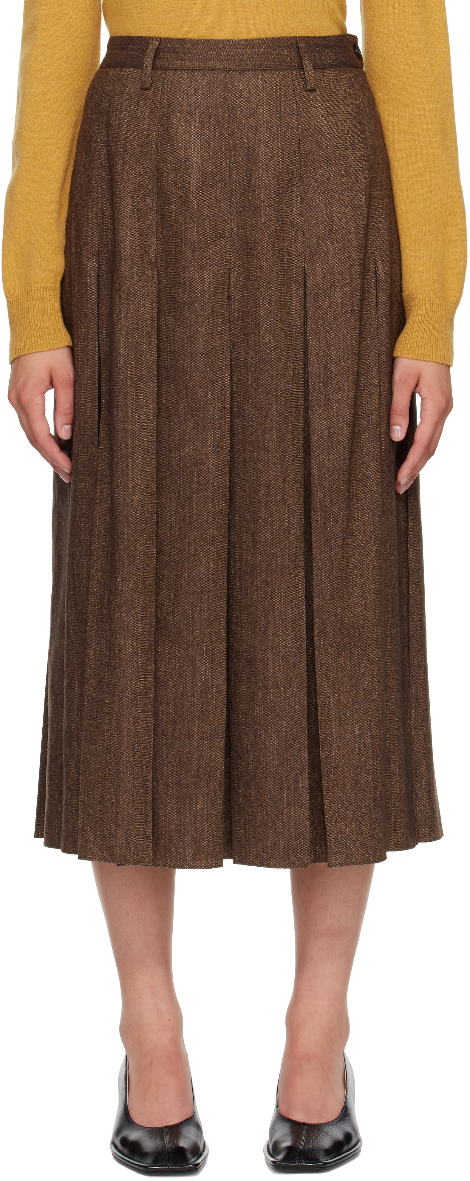 MM6 Maison Margiela: Brown Mottled Wool Midi Skirt | SSENSE