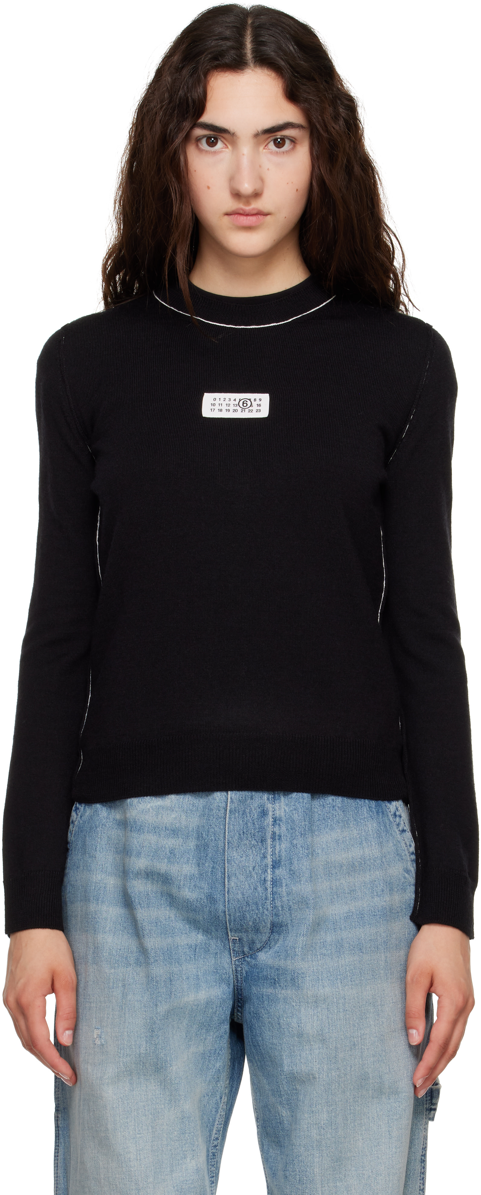 MM6 Maison Margiela: Black Contrast-Trimmed Wool Blend Knit