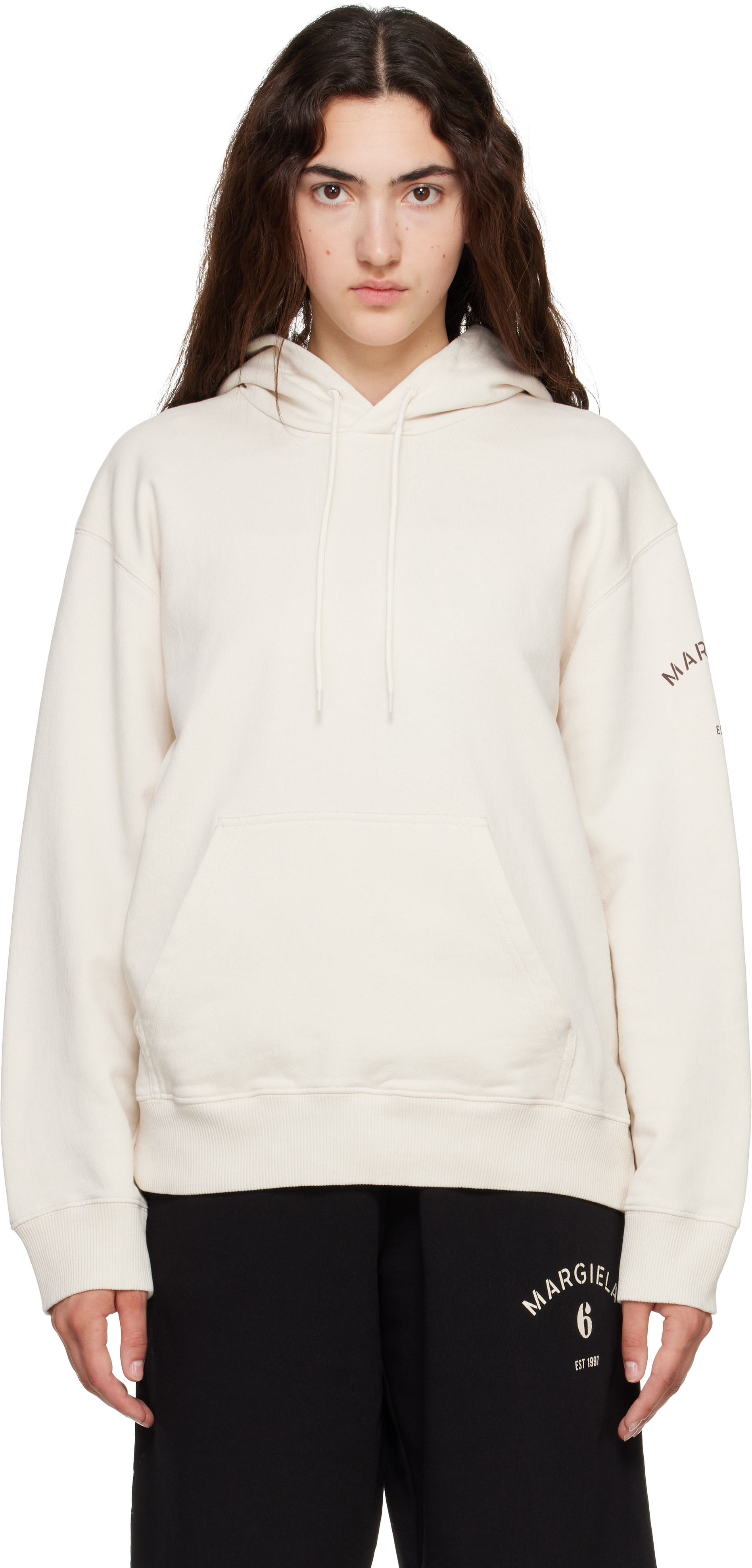MM6 Maison Margiela - Pull à capuche blanc cassé à imprimé Mannequin