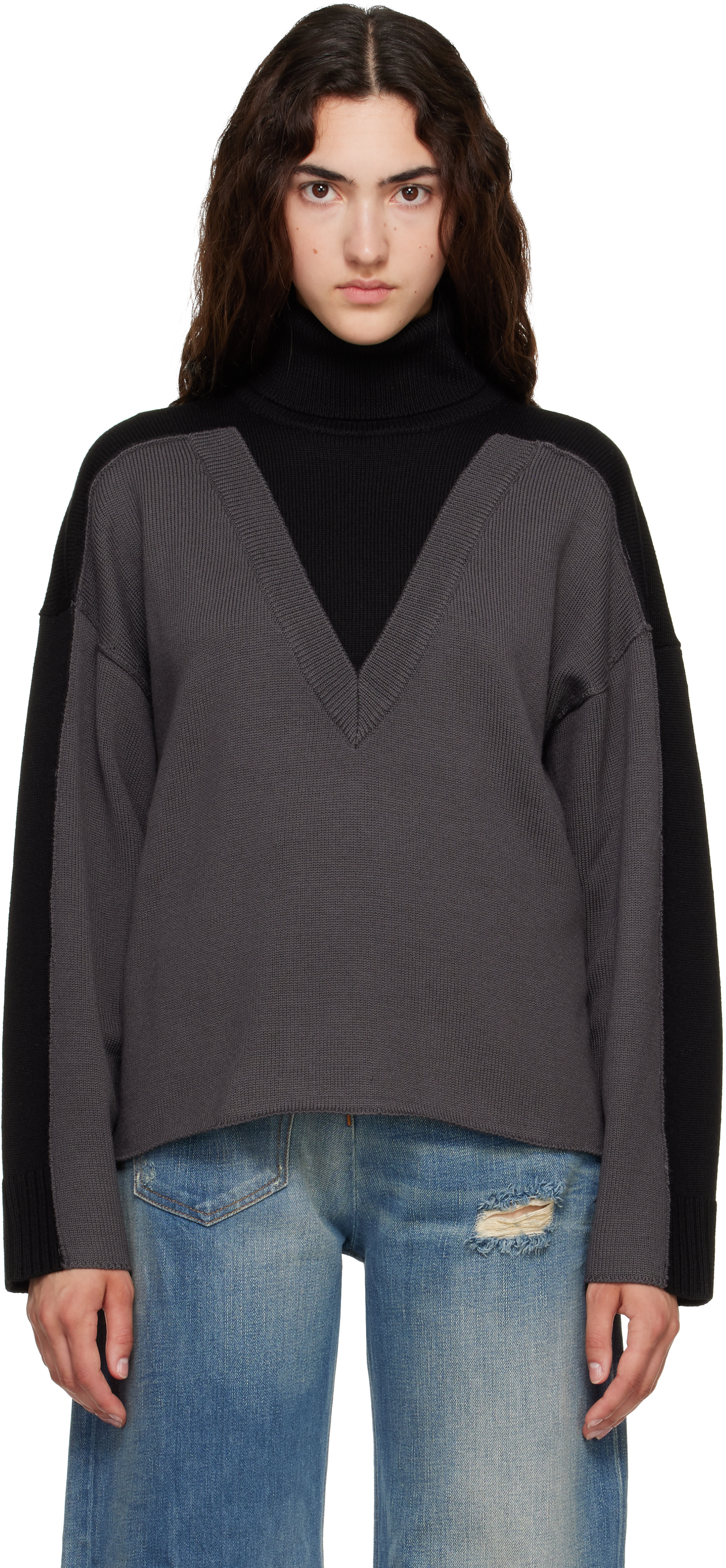 MM6 Maison Margiela: Black & Gray Trompe L'Oeil Turtleneck | SSENSE