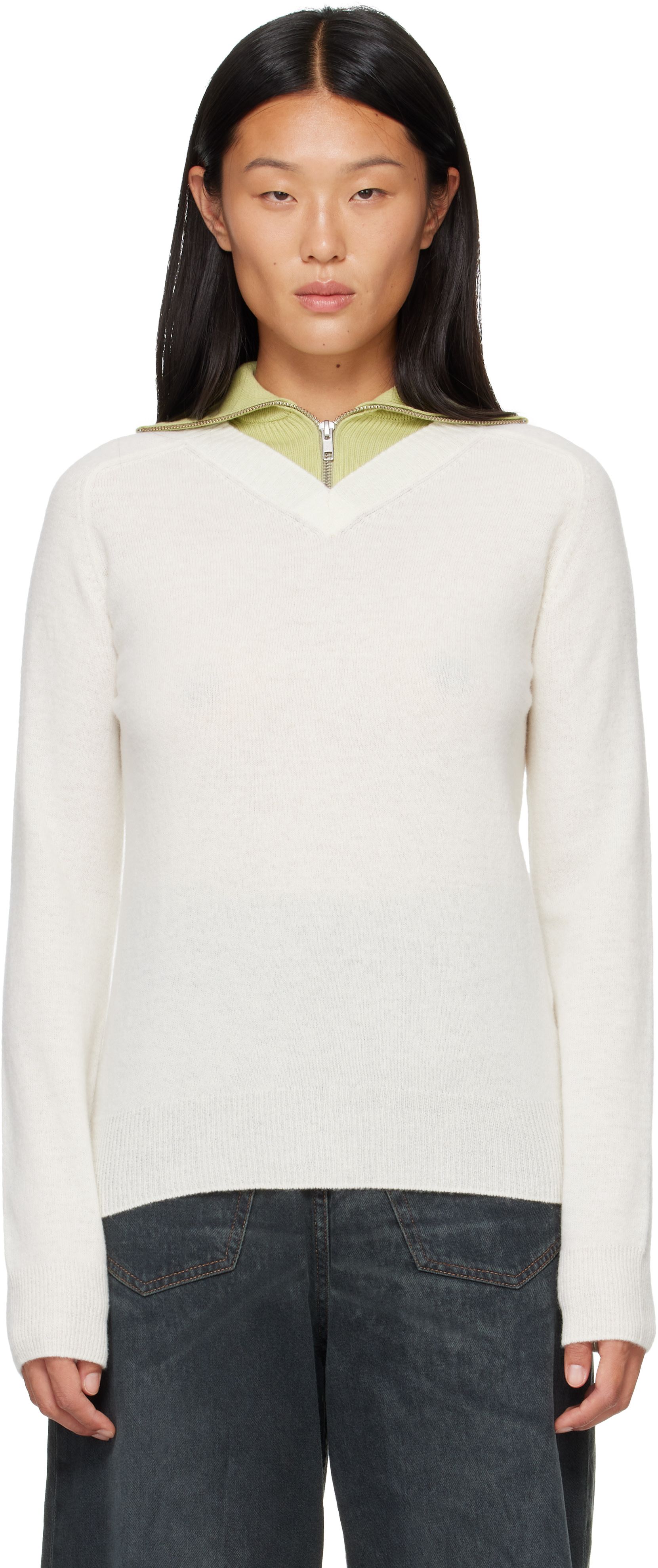 MM6 Maison Margiela - Pull étagé blanc cassé et vert