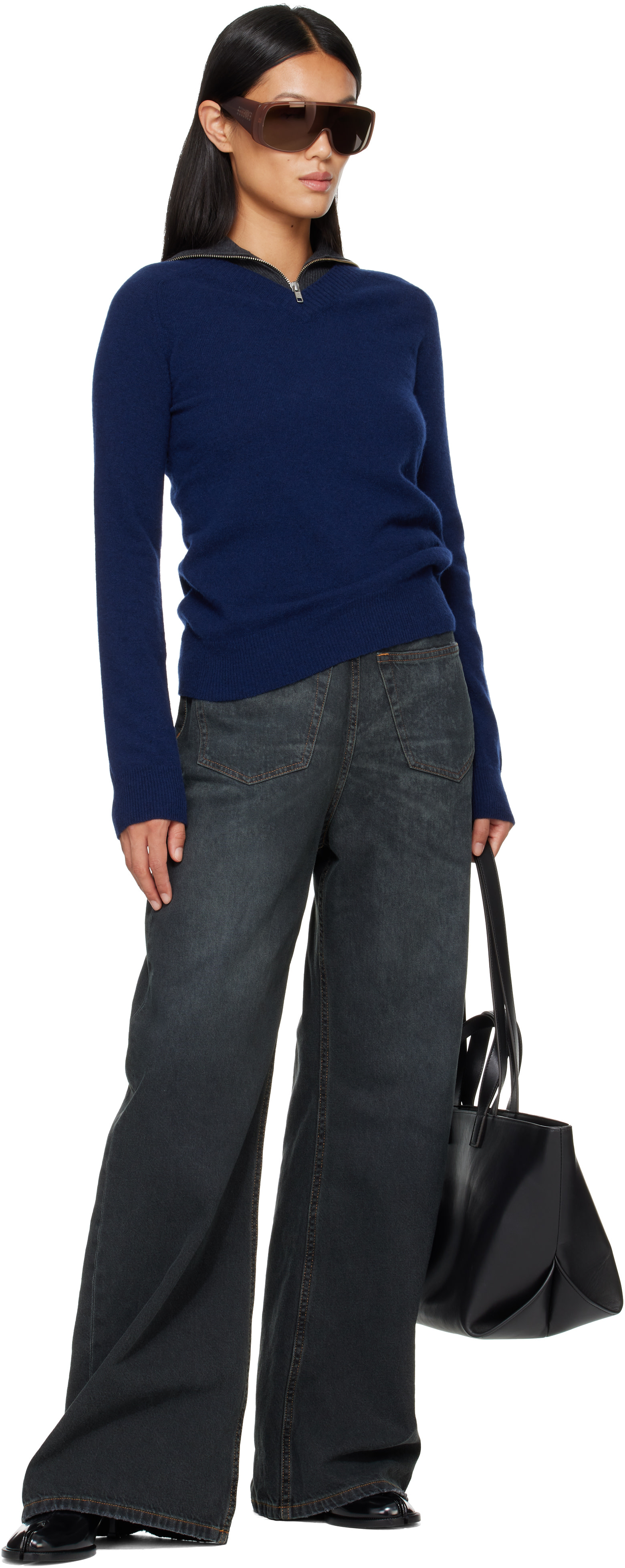 MM6 Maison Margiela: Navy & Gray Layered Neckline Pullover Sweater
