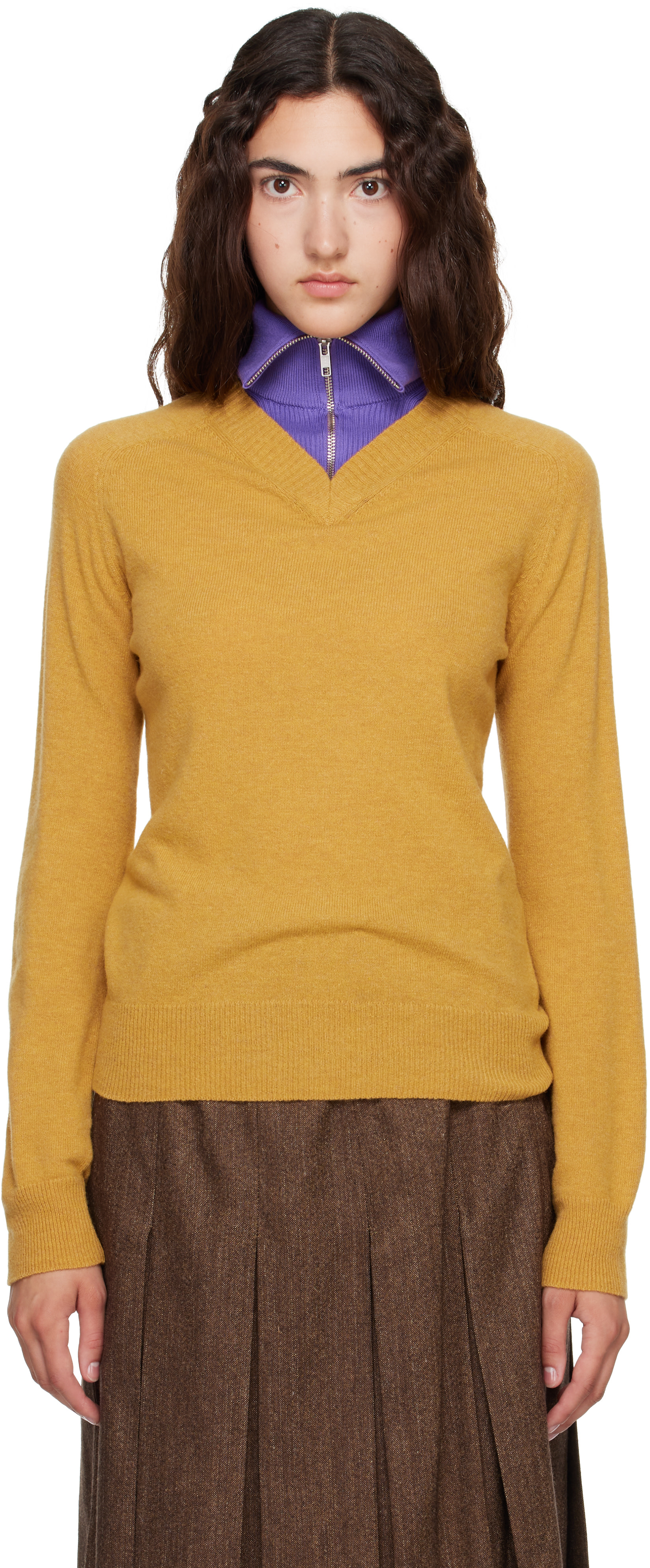 MM6 Maison Margiela 長袖 ニット イエロー・Sサイズ MM6 Maison Margiela: Yellow Layered Neckline Sweater | SSENSE