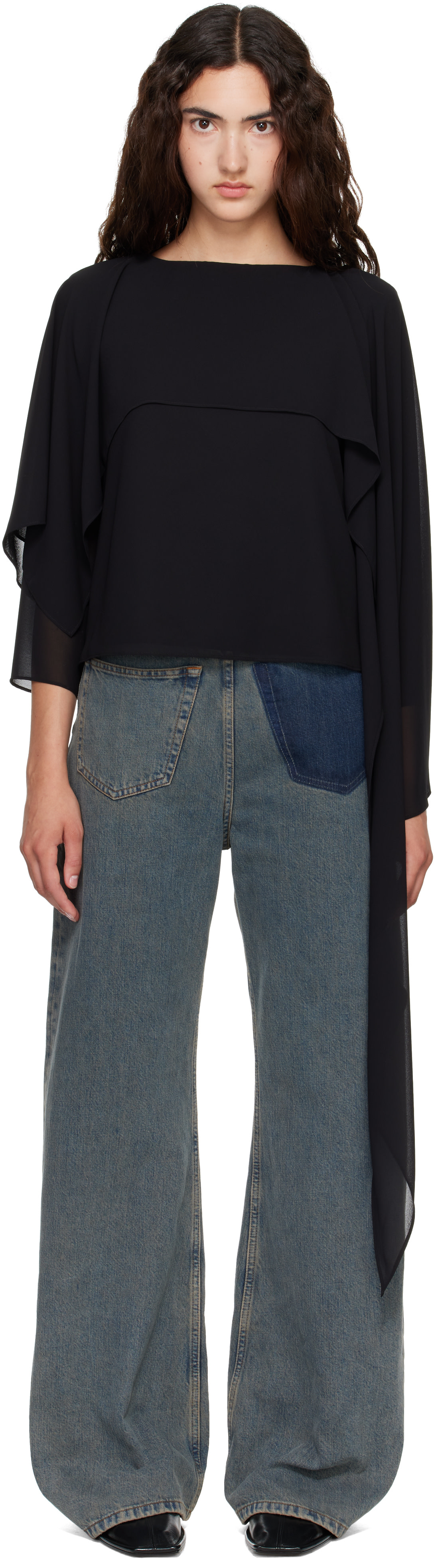 MM6 Maison Margiela: ブラック シフォン 長袖ブラウス | SSENSE 日本