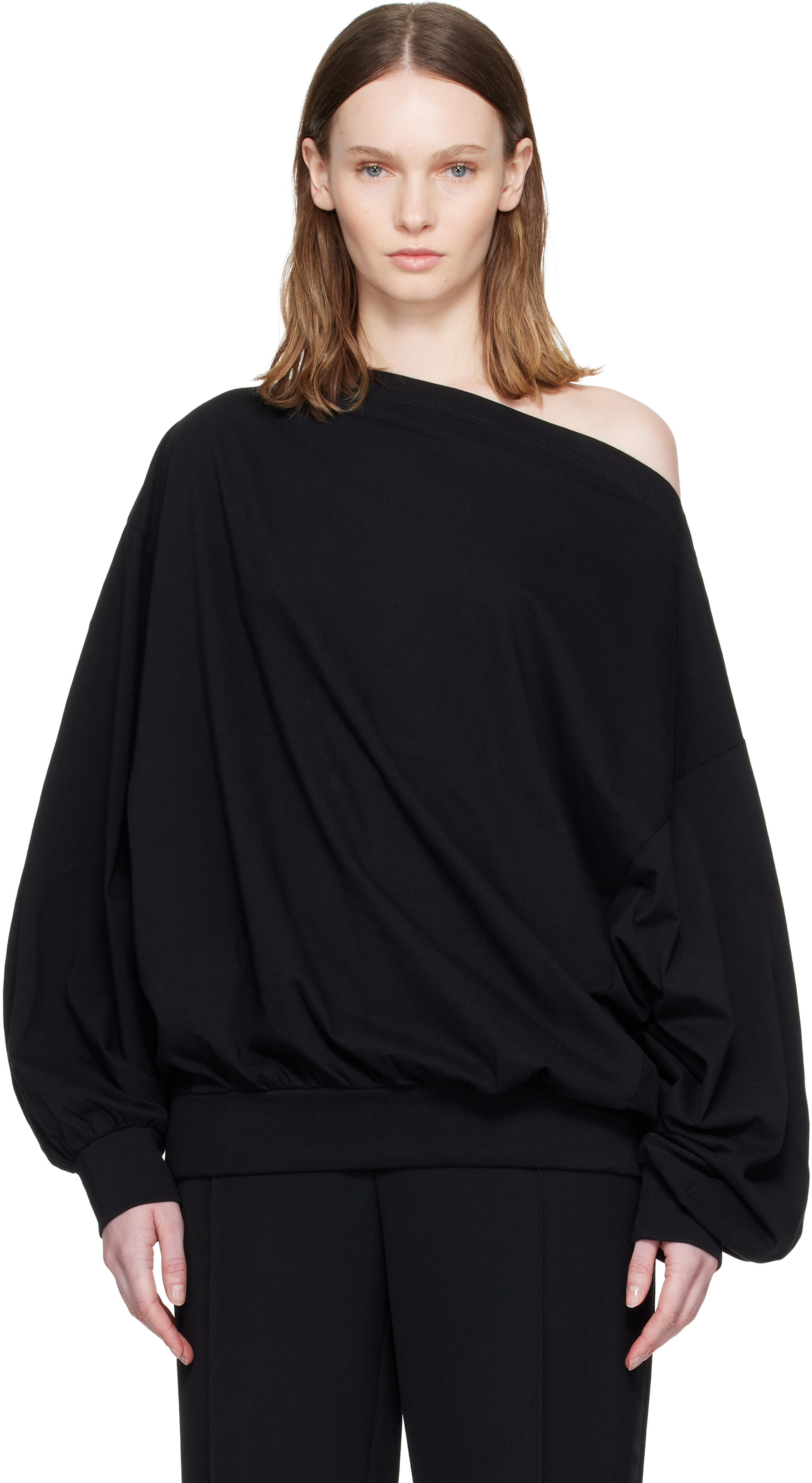 MM6 Maison Margiela: Black Long-Sleeved Asymmetric Top | SSENSE