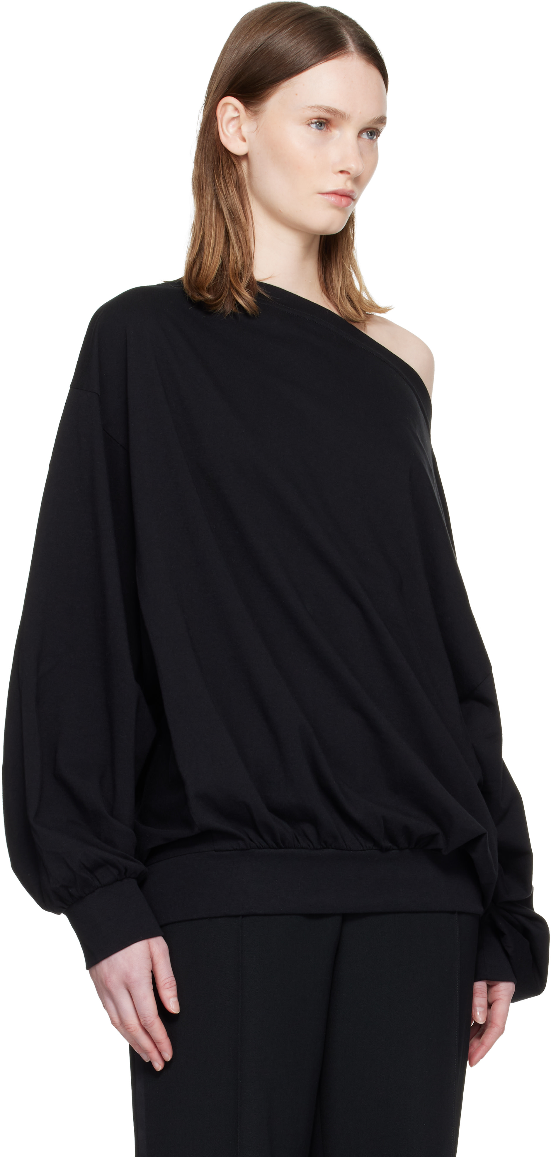 MM6 Maison Margiela: Black Long-Sleeved Asymmetric Top | SSENSE
