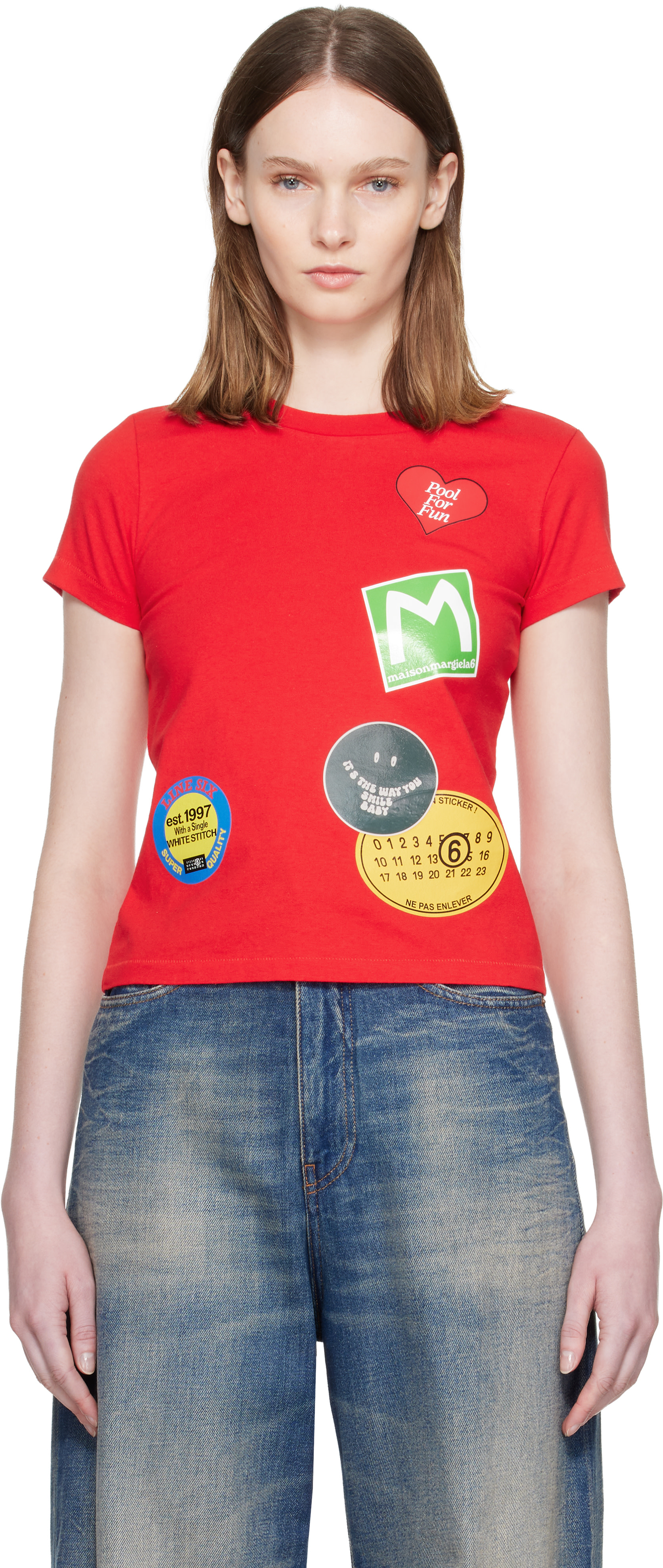 MM6 Maison Margiela: Red Sticker T-shirt | SSENSE