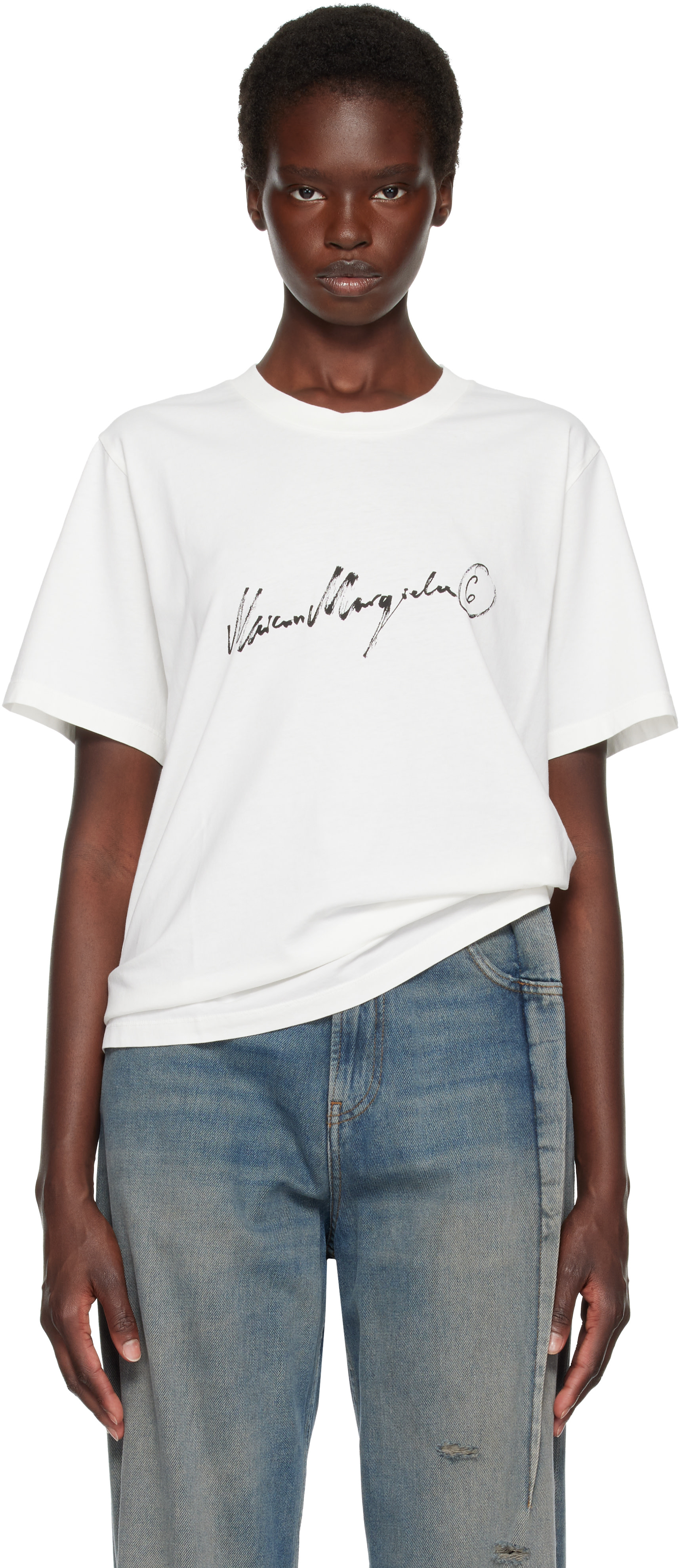 MM6 Maison Margiela: Off-White Overdyed Handwritten-Print T-shirt