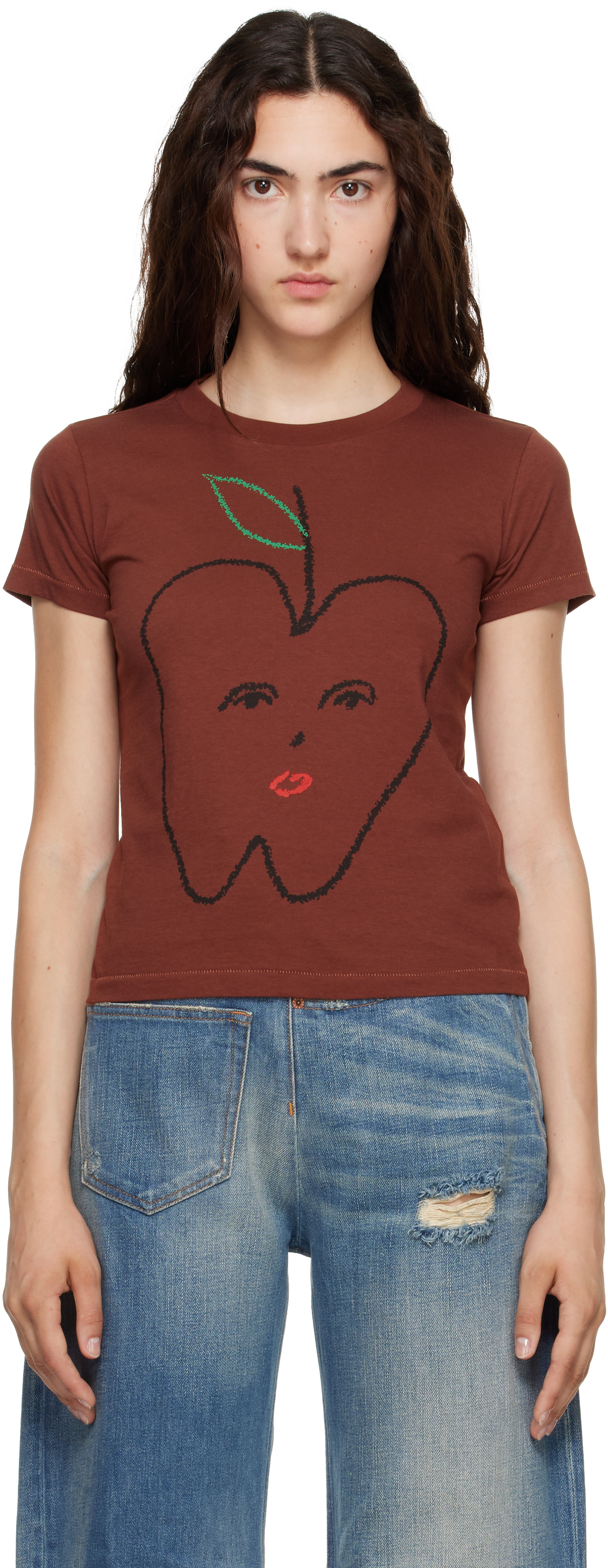 MM6 Maison Margiela: Brown 'Apple' Cropped T-shirt | SSENSE
