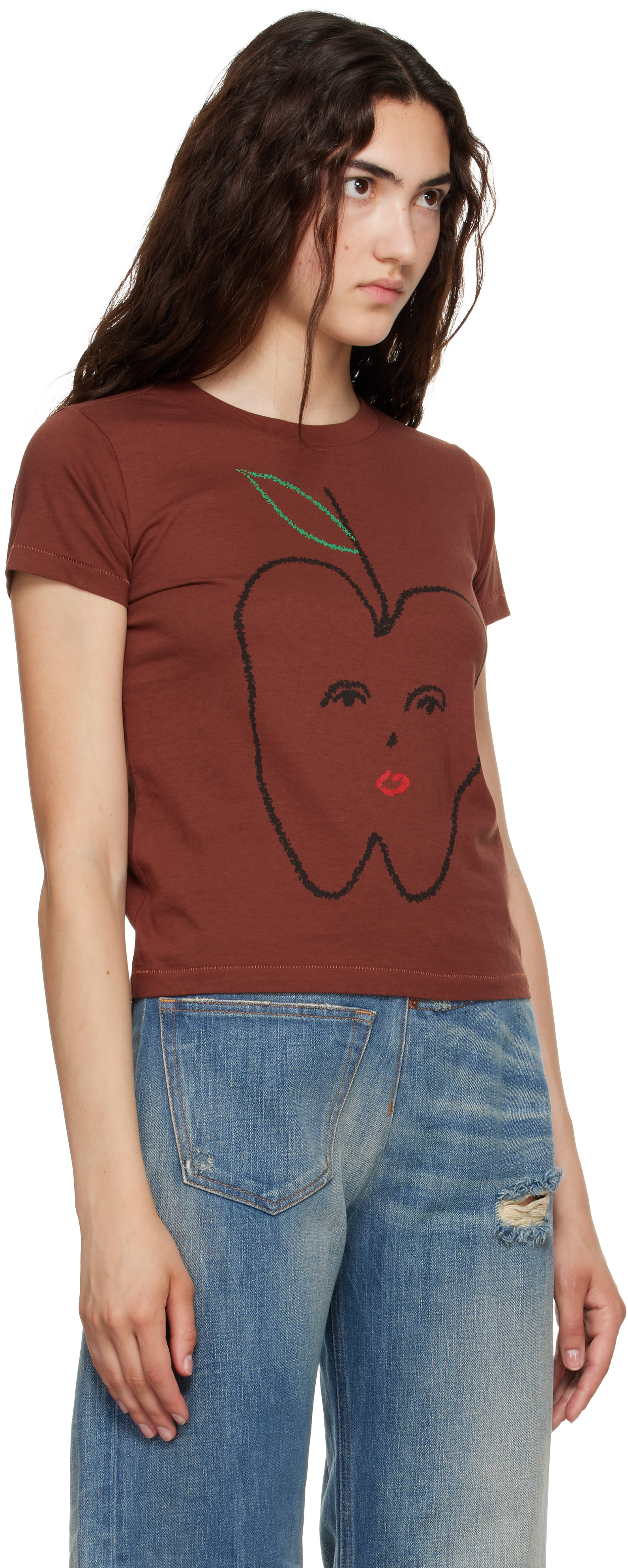 MM6 Maison Margiela: Brown 'Apple' Cropped T-shirt | SSENSE