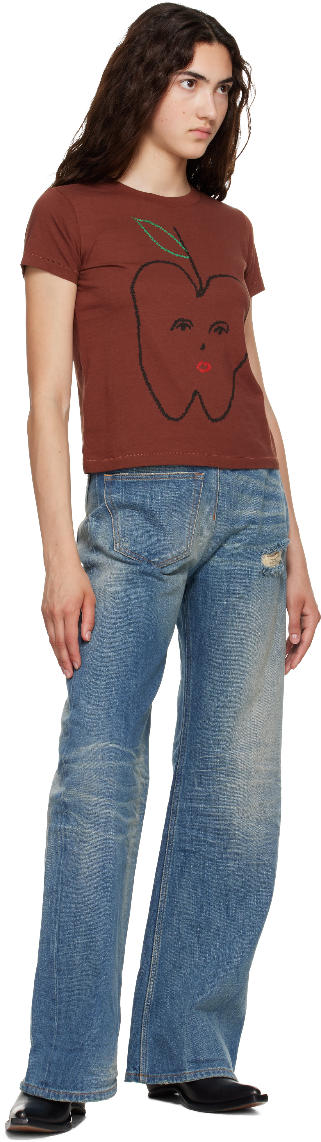 MM6 Maison Margiela: Brown 'Apple' Cropped T-shirt | SSENSE