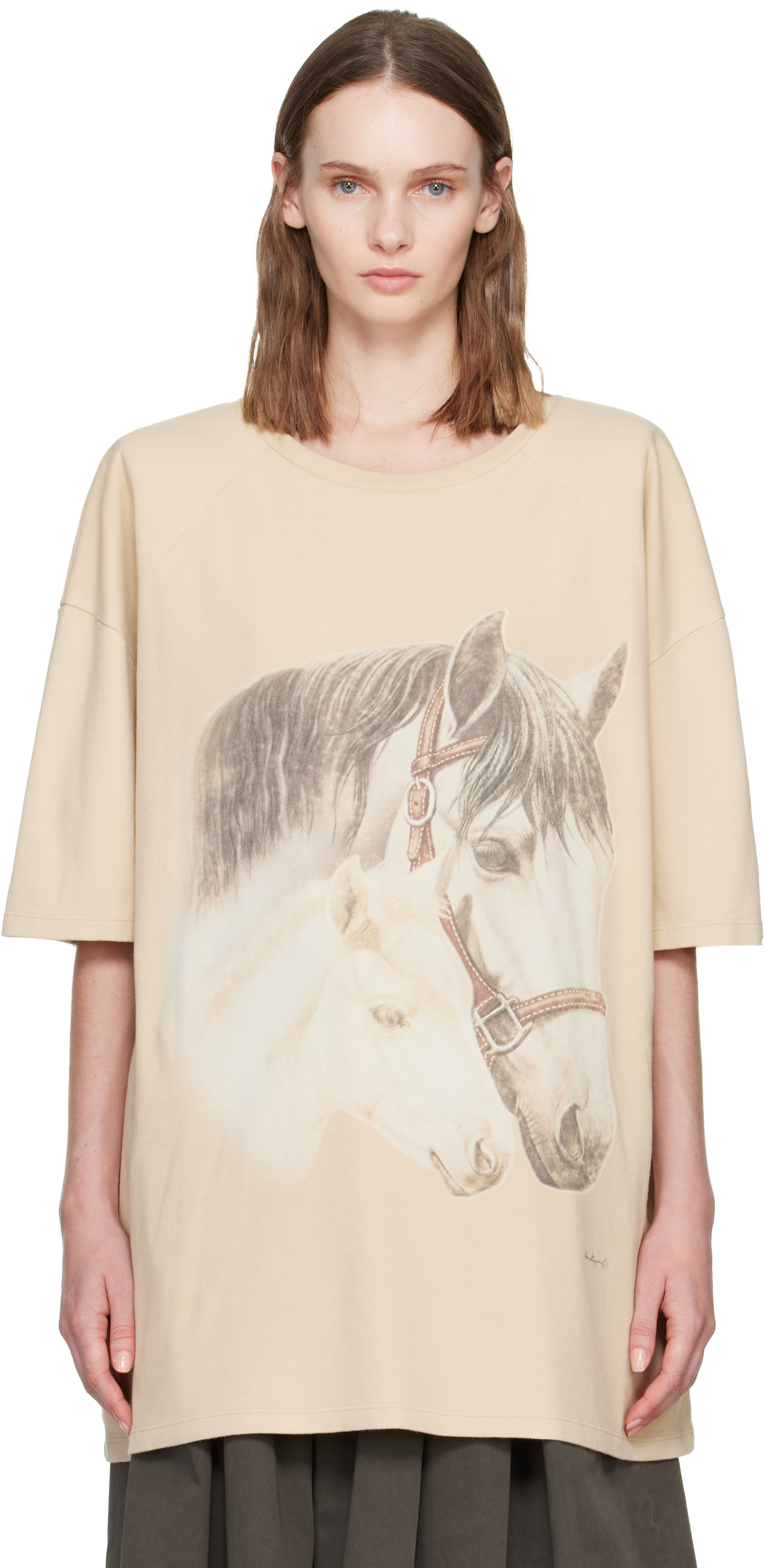 MM6 Maison Margiela: ベージュ Horse Portrait Tシャツ | SSENSE 日本