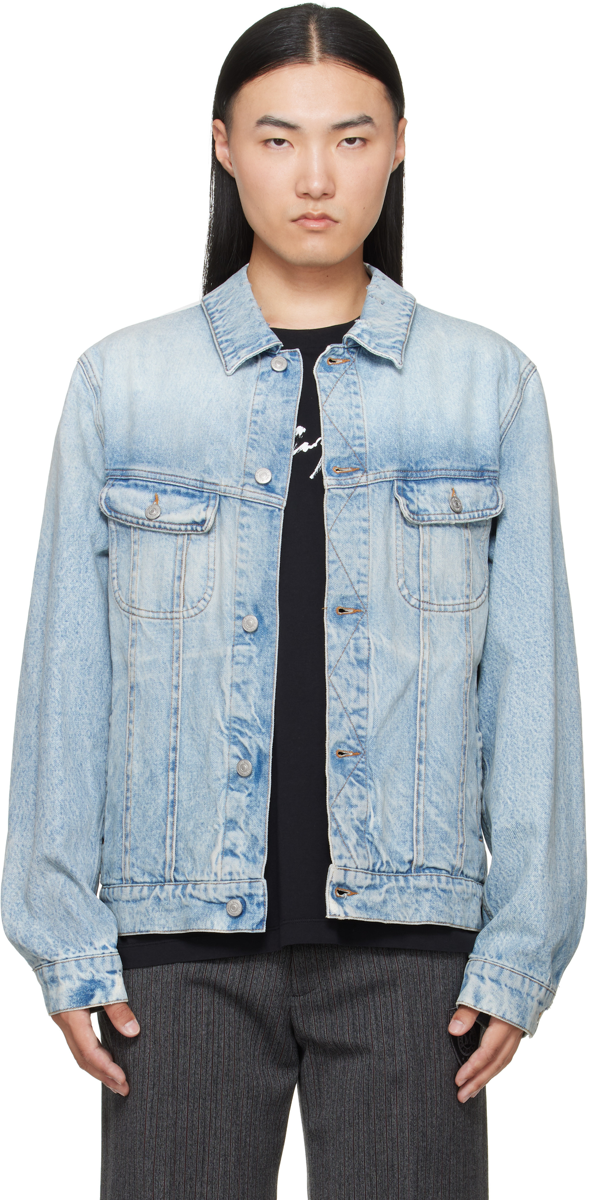 MM6 Maison Margiela: Blue Poplin Trim Denim Jacket | SSENSE