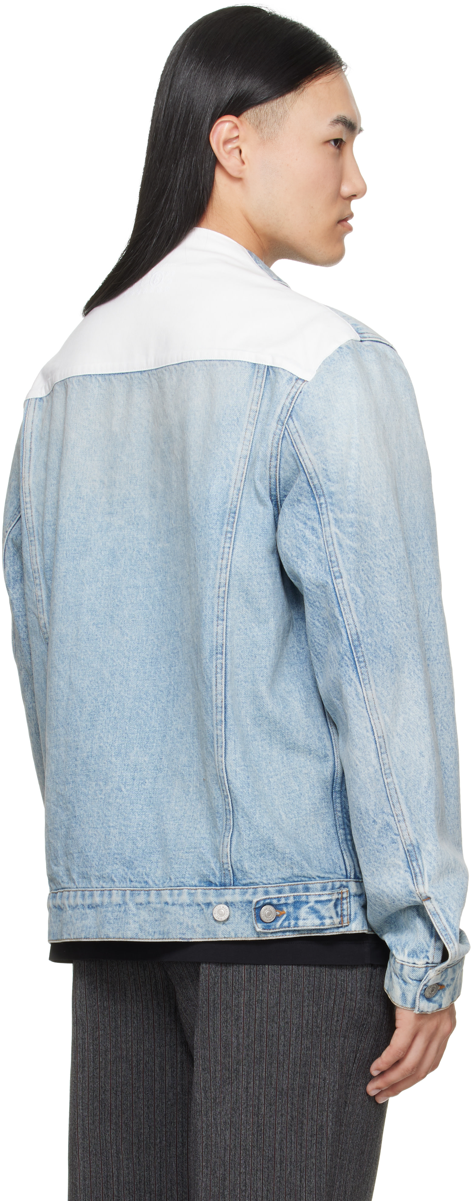 MM6 Maison Margiela: Blue Poplin Trim Denim Jacket | SSENSE