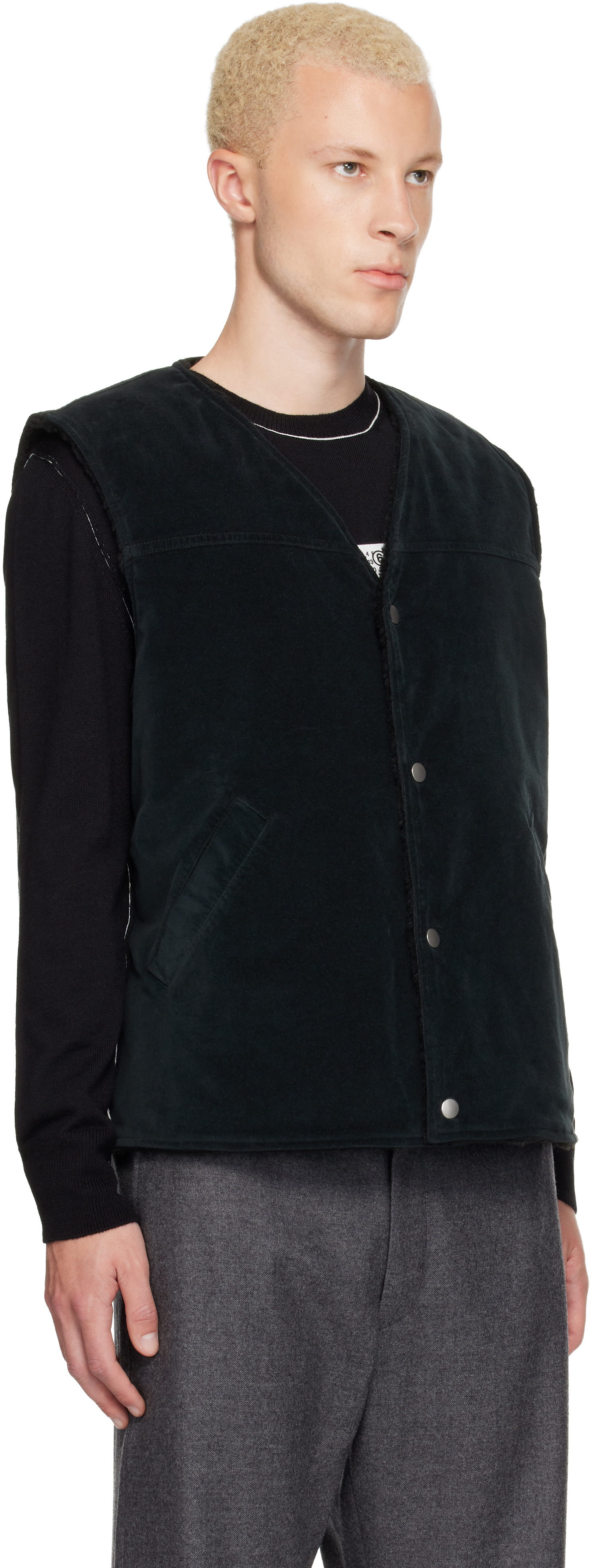 【入手困難品】はらぺこ商店　スエードブルゾン　ブラック MM6 Maison Margiela: ブラック フェイクスエード ベスト | SSENSE 日本