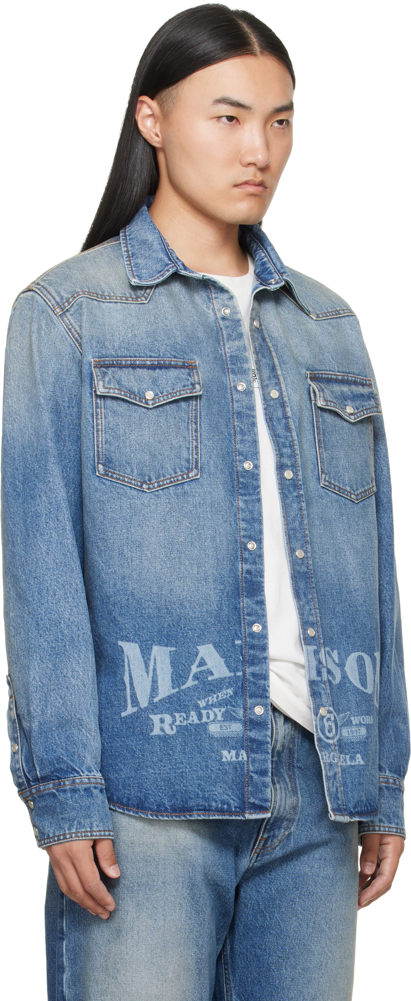 ​MM6 Maison Margiela イタリア製 デニム シャツジャケット MM6 Maison Margiela: ブルー 長袖 デニムシャツ | SSENSE 日本
