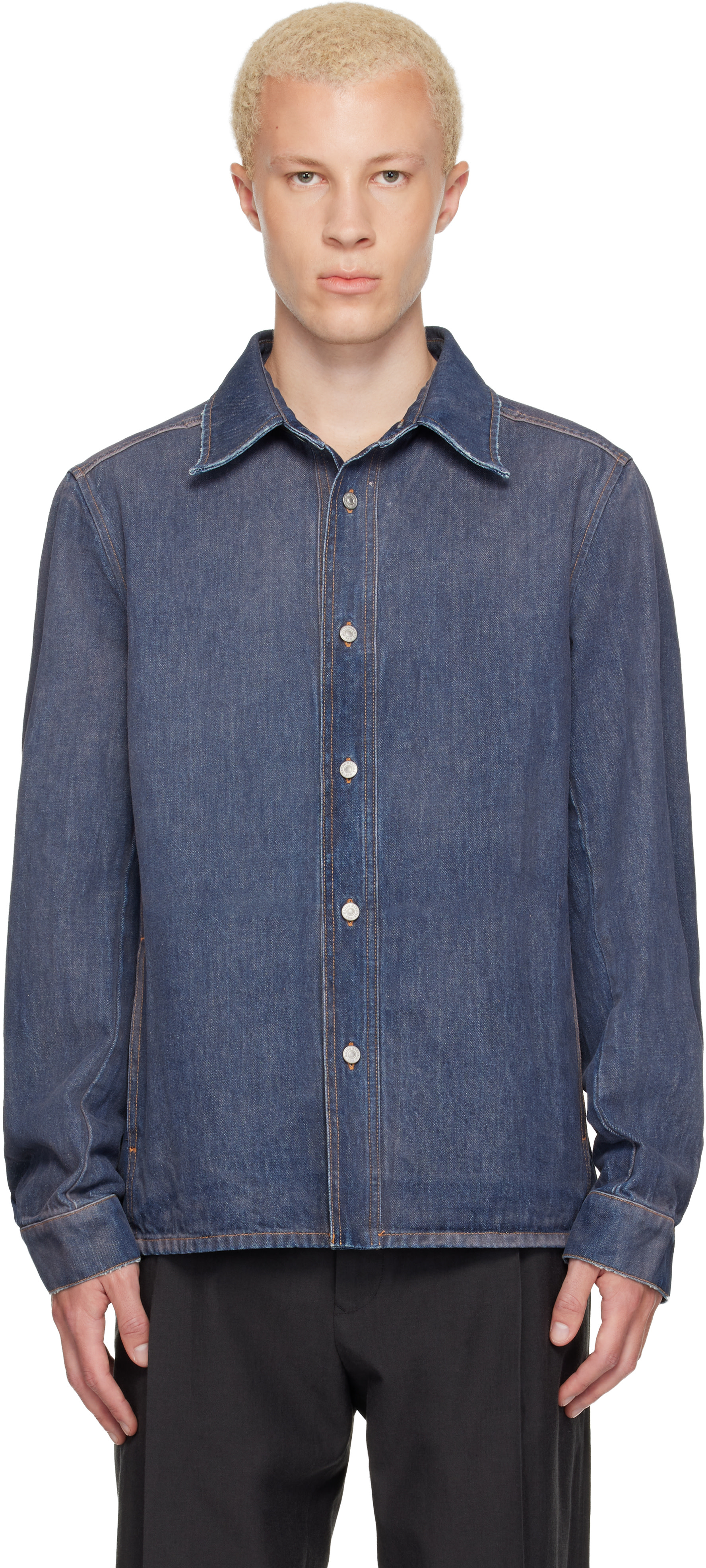トップス MM6 Oversized Denim Long Sleeve Shirt MM6 Maison Margiela: Blue Long-Sleeved Denim Shirt | SSENSE