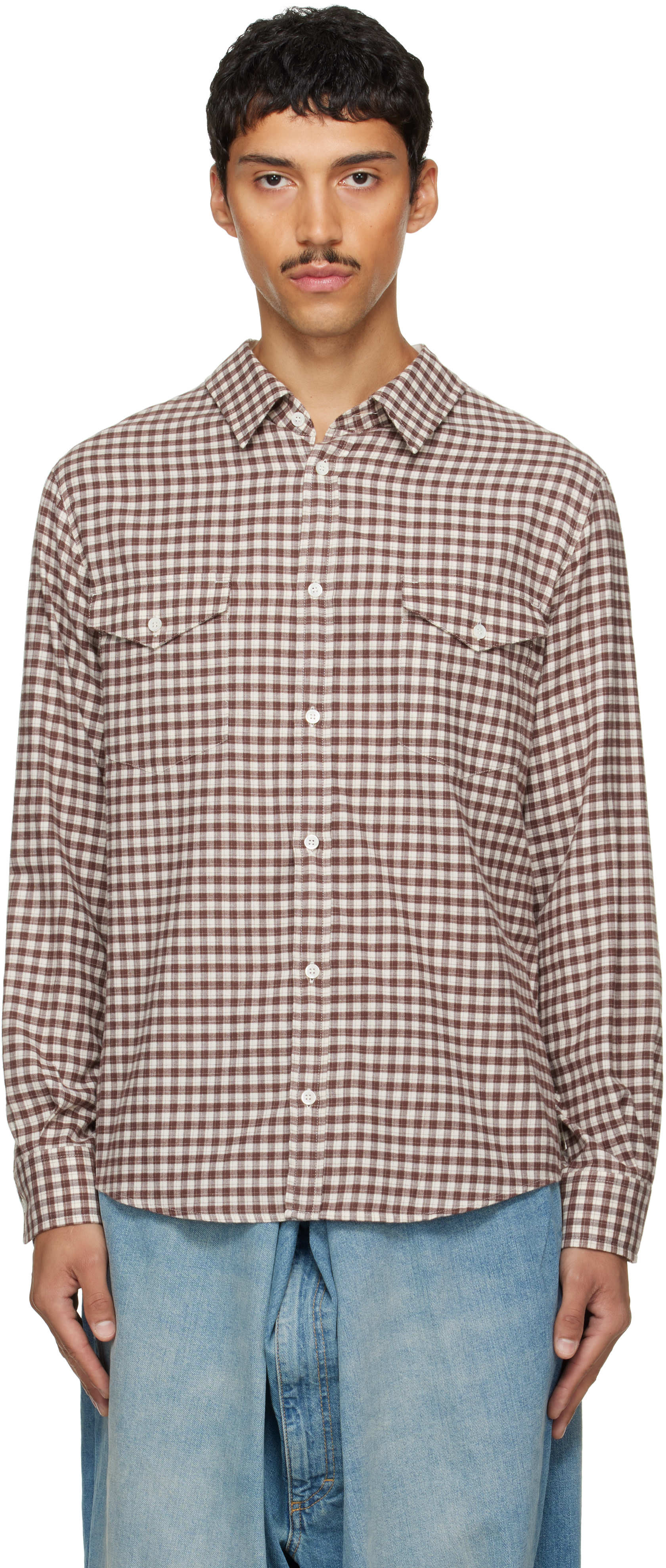 MM6 Maison Margiela チェック柄シャツ MM6 Maison Margiela: Brown Checkered Flannel Shirt | SSENSE