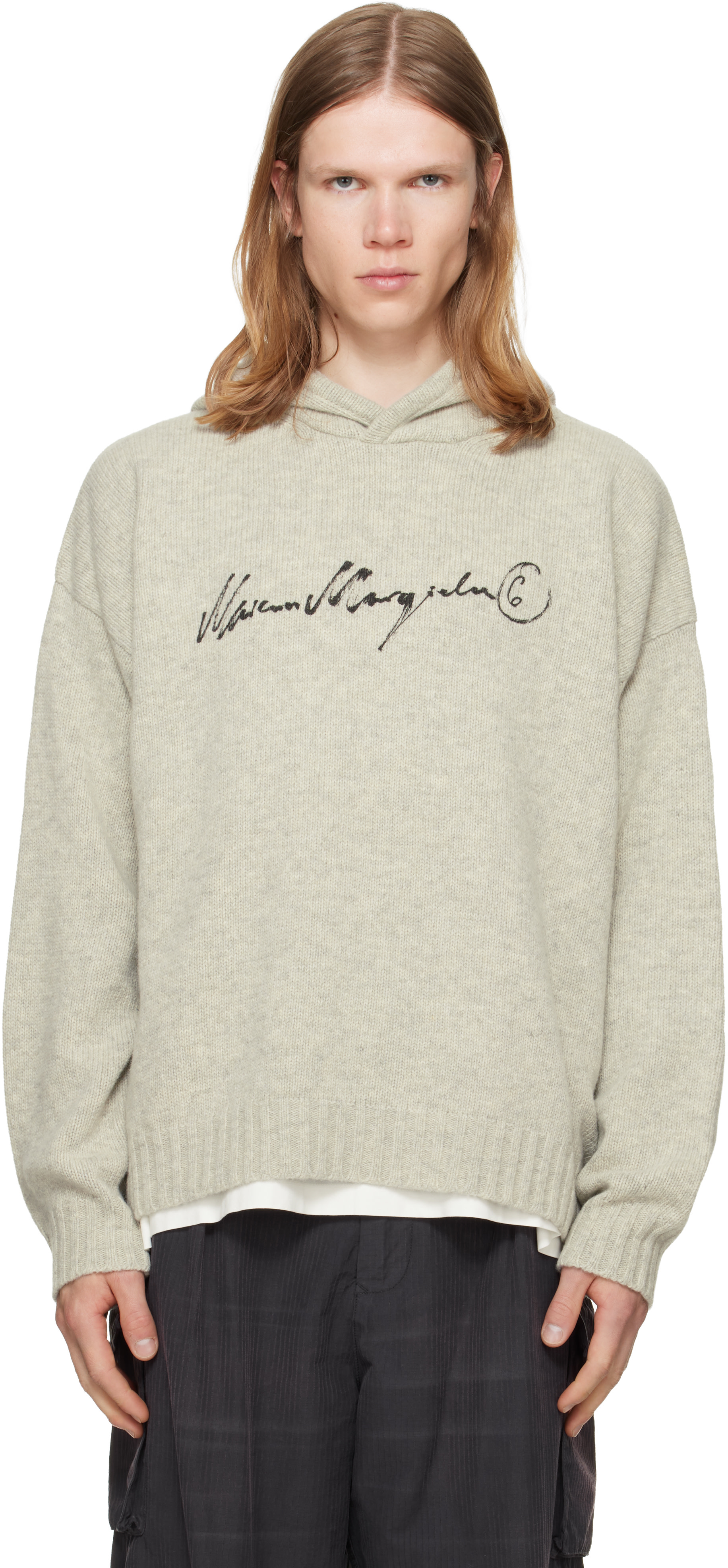 MM6 Maison Margiela: Gray Knit Hoodie | SSENSE