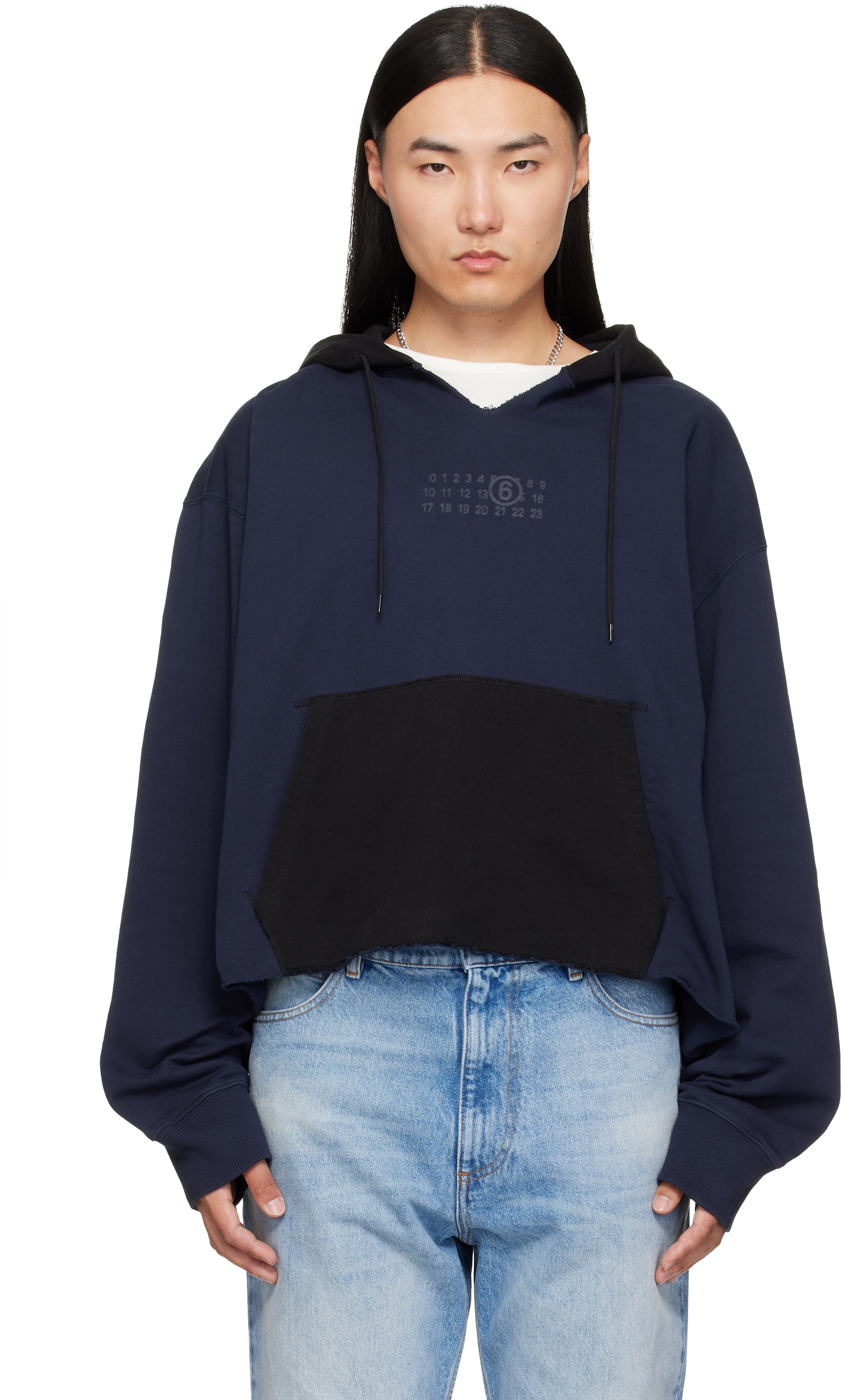 トップス MM6 Maison Margiela hoodie MM6 Maison Margiela: Navy & Black Frayed Hoodie | SSENSE